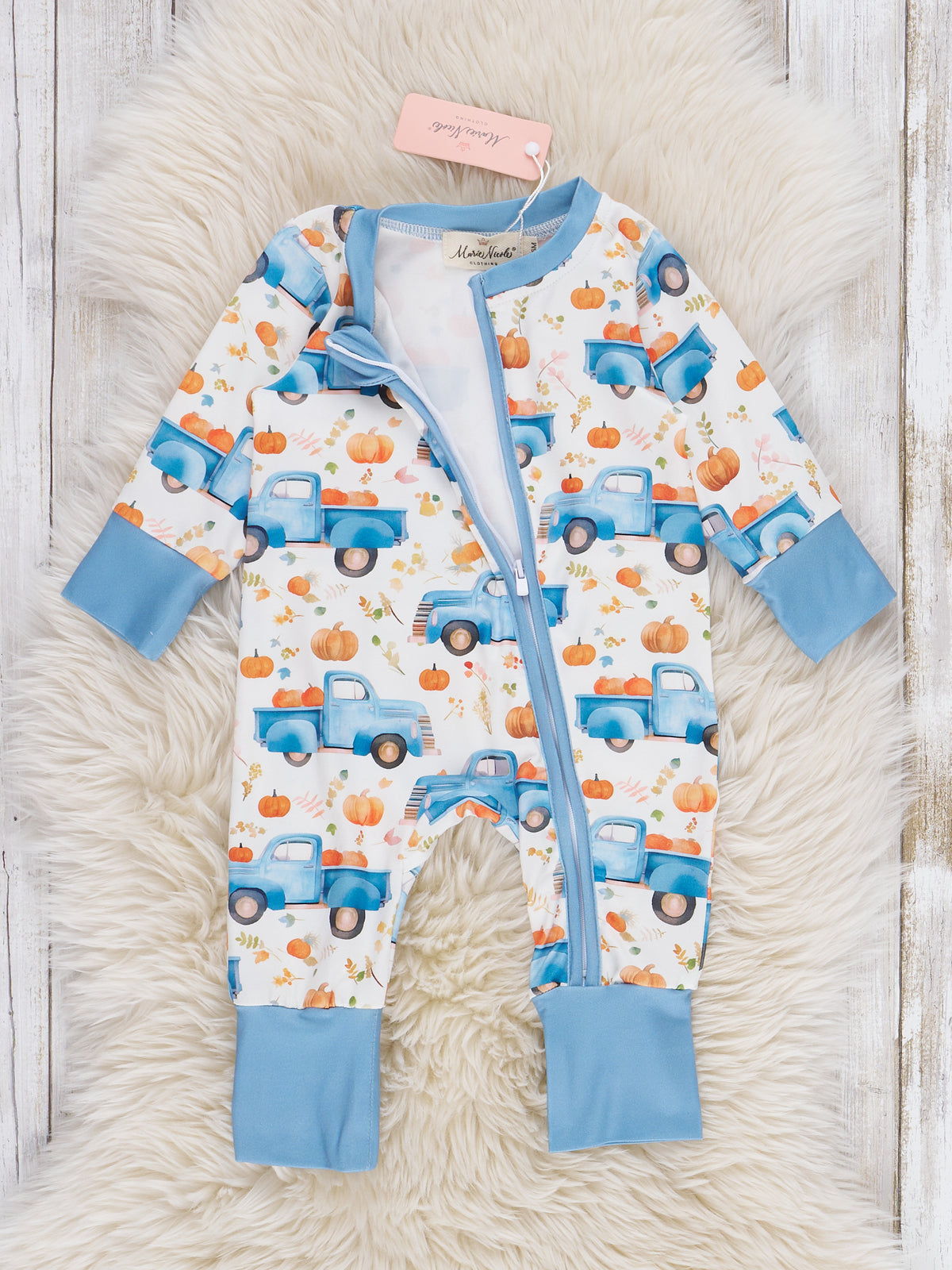 Rustic Blue Pumpkin Trucks Sleeper Pajamas - Marie Nicole Clothing