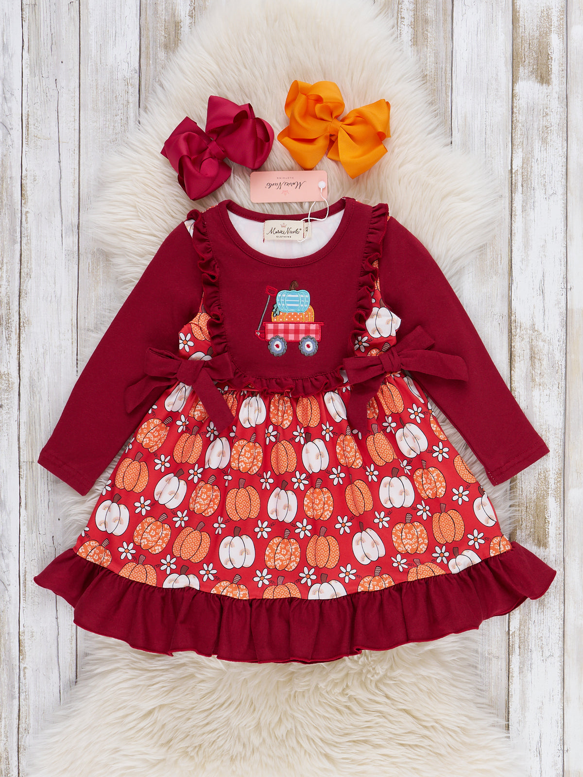 Maroon Pumpkin Wagon Embroidered Bow Dress - Marie Nicole Clothing