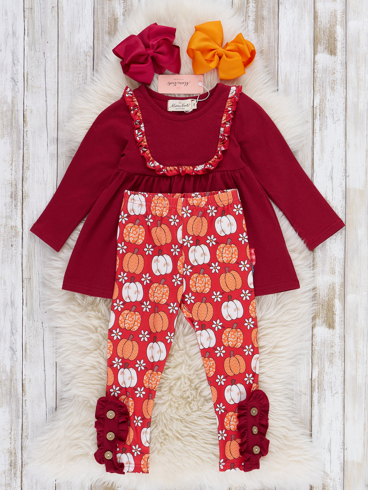 Maroon Pumpkin Wagon Embroidered Ruffle Outfit - Marie Nicole Clothing