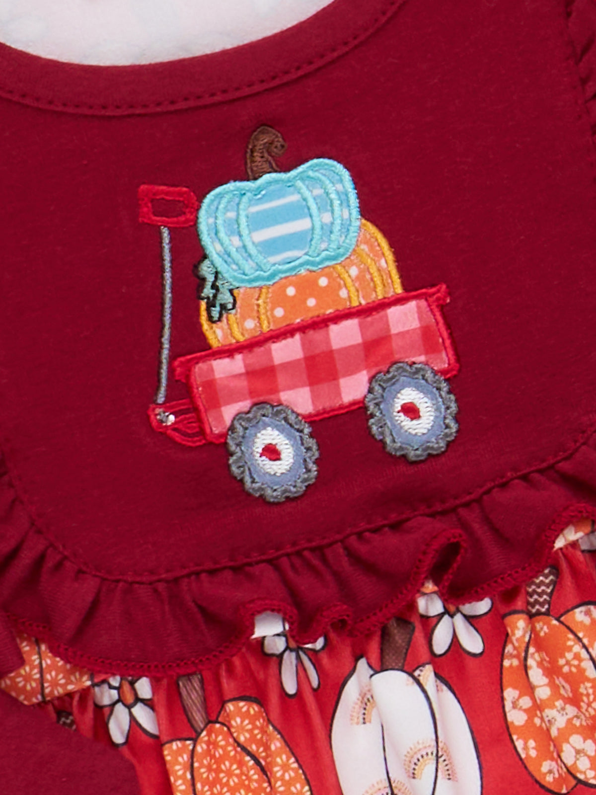 Maroon Pumpkin Wagon Embroidered Bubble Romper - Marie Nicole Clothing