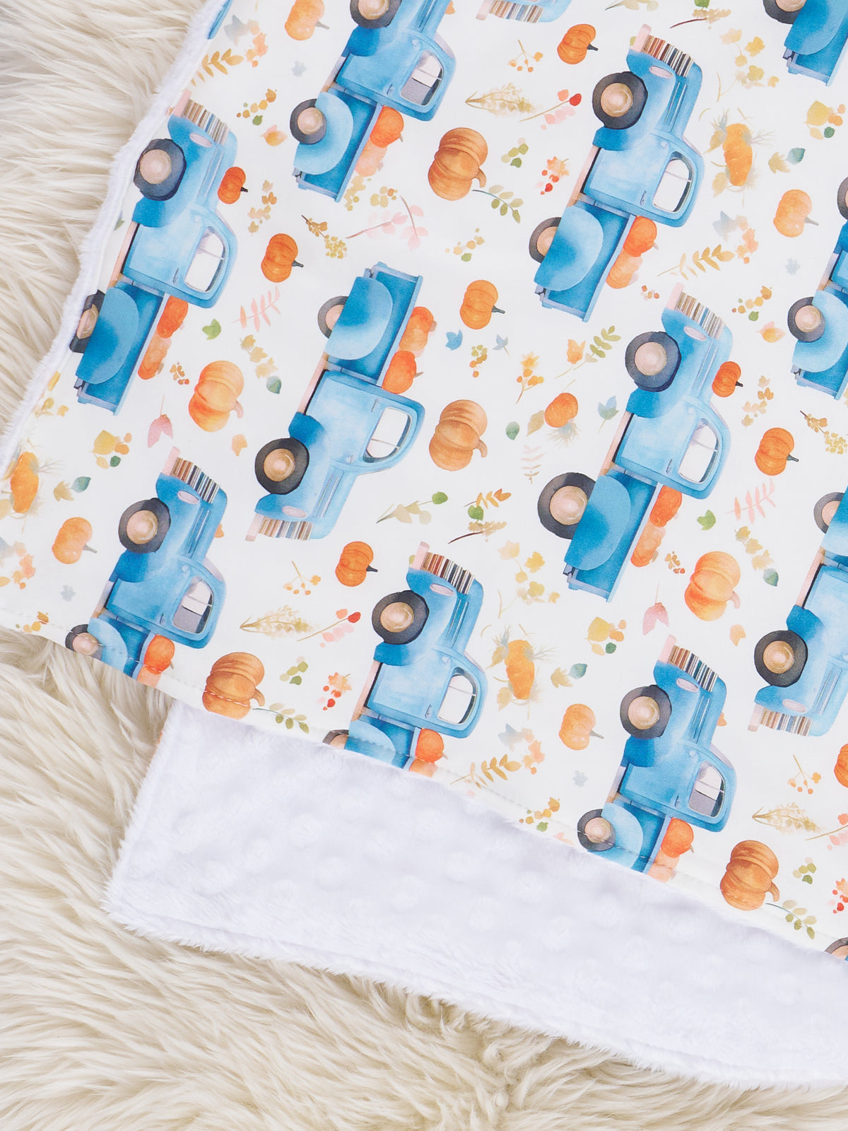 Rustic Blue Pumpkin Trucks Minky Blanket - Marie Nicole Clothing