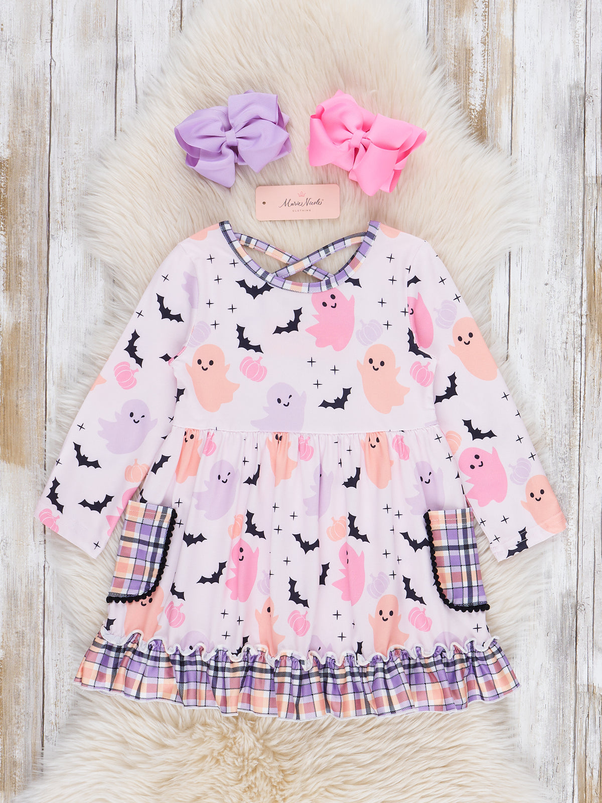 Pink & Purple Ghosts & Bats Ruffle Dress - Marie Nicole Clothing