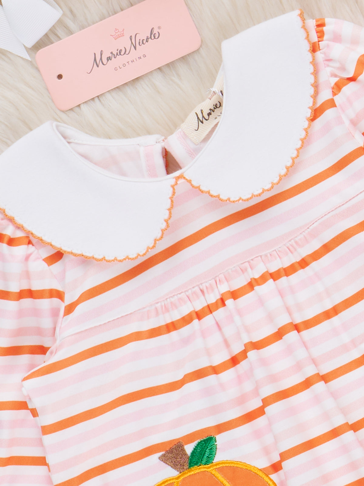 Embroidered Striped Preppy Pumpkin Bubble Romper - Marie Nicole Clothing
