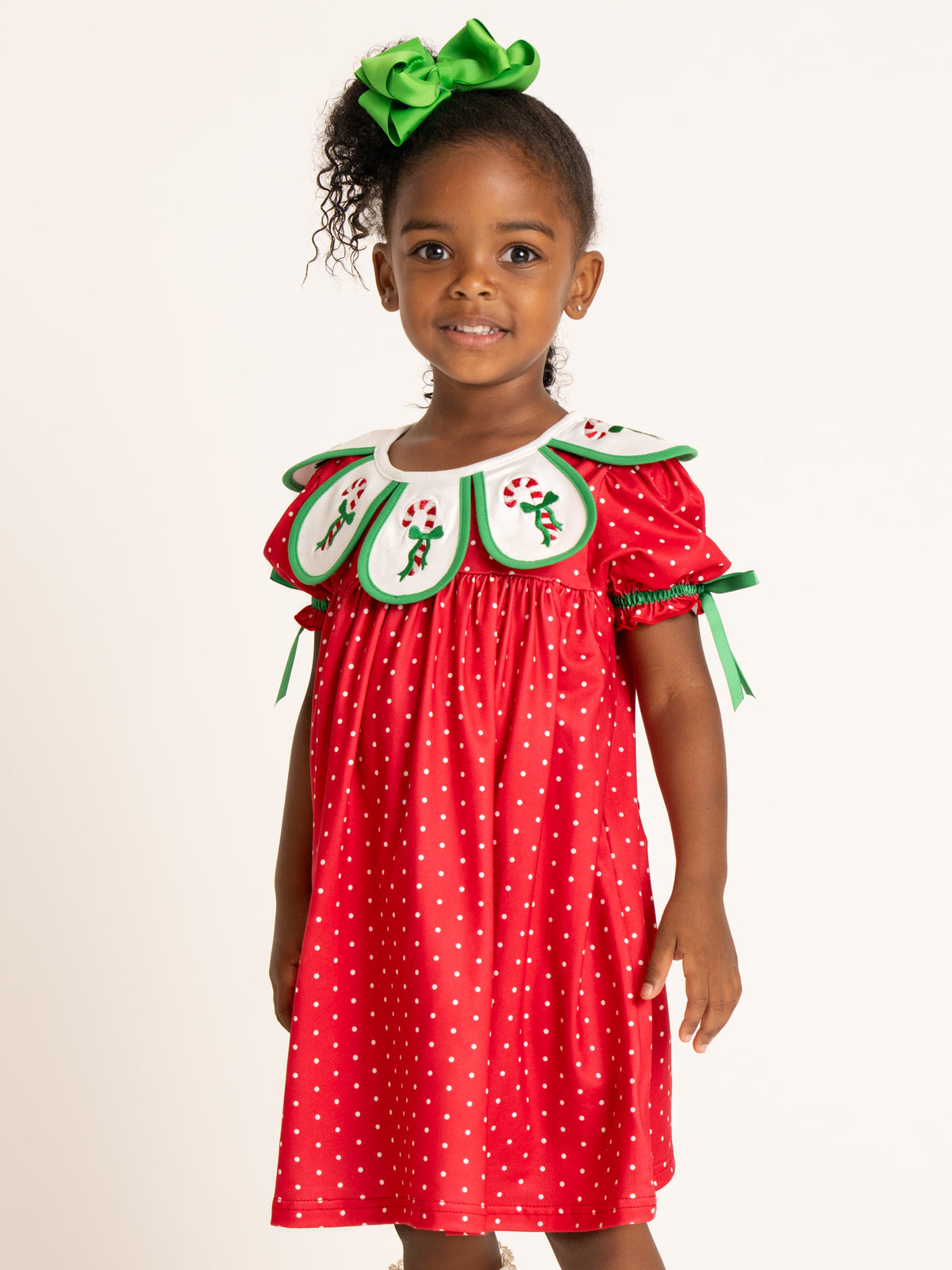 Candy Cane Embroidered Scalloped Collar Bow Dress - Marie Nicole Clothing