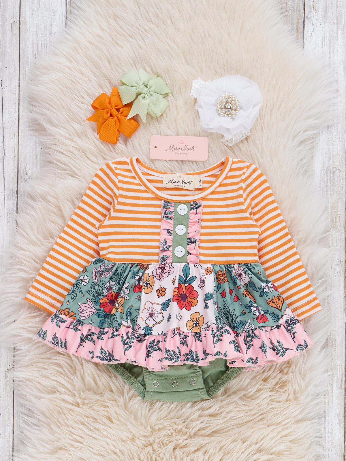Garden Bloom Striped Ruffle Bubble Romper - Marie Nicole Clothing