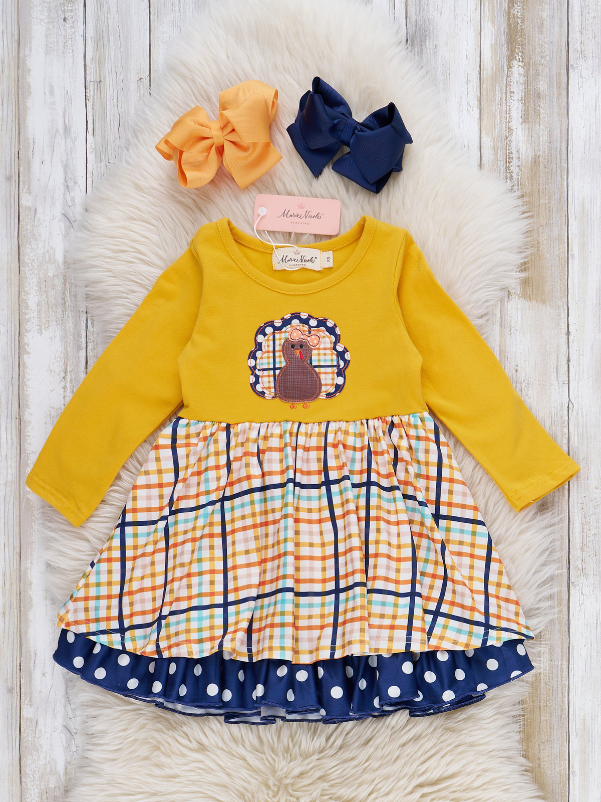 Yellow Plaid Embroidered Turkey Ruffle Dress - Marie Nicole Clothing