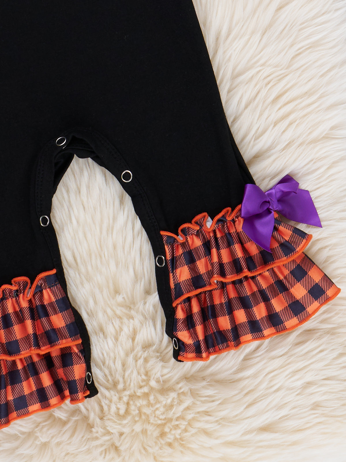 Orange & Black Ghostly Gingham Ruffle Romper - Marie Nicole Clothing