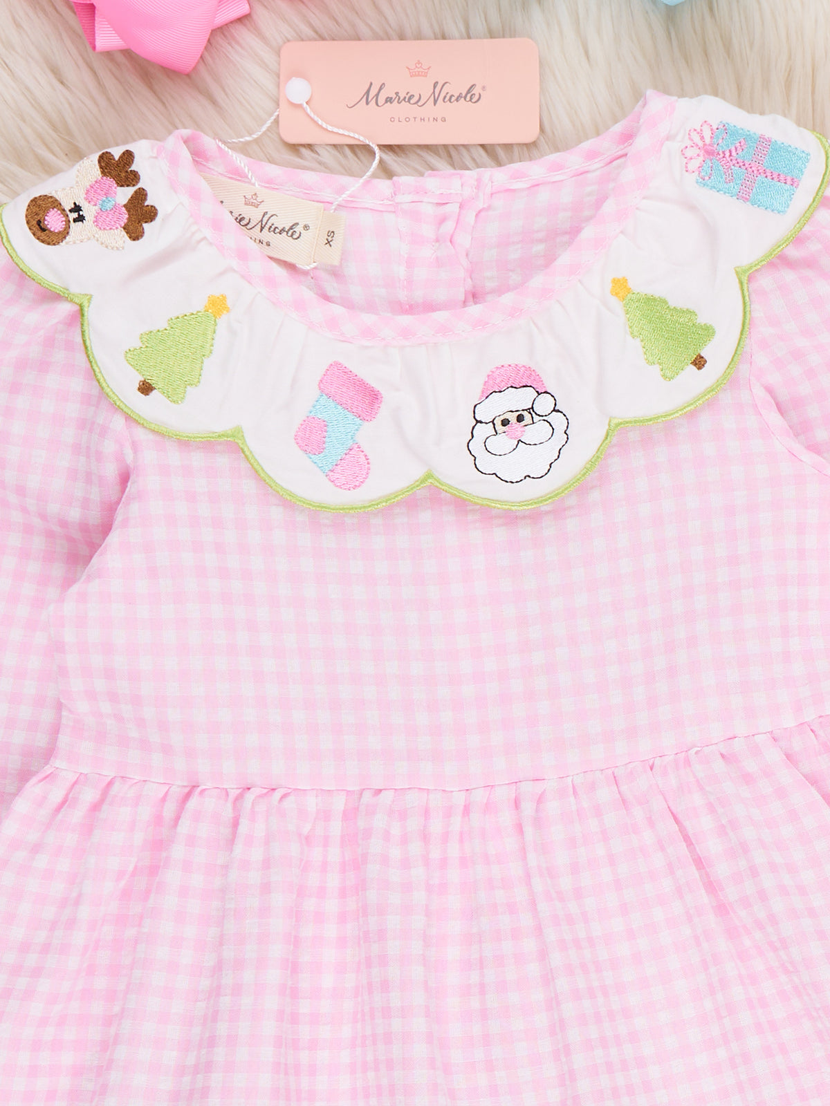Christmas Celebration Gingham Embroidered Dress - Marie Nicole Clothing