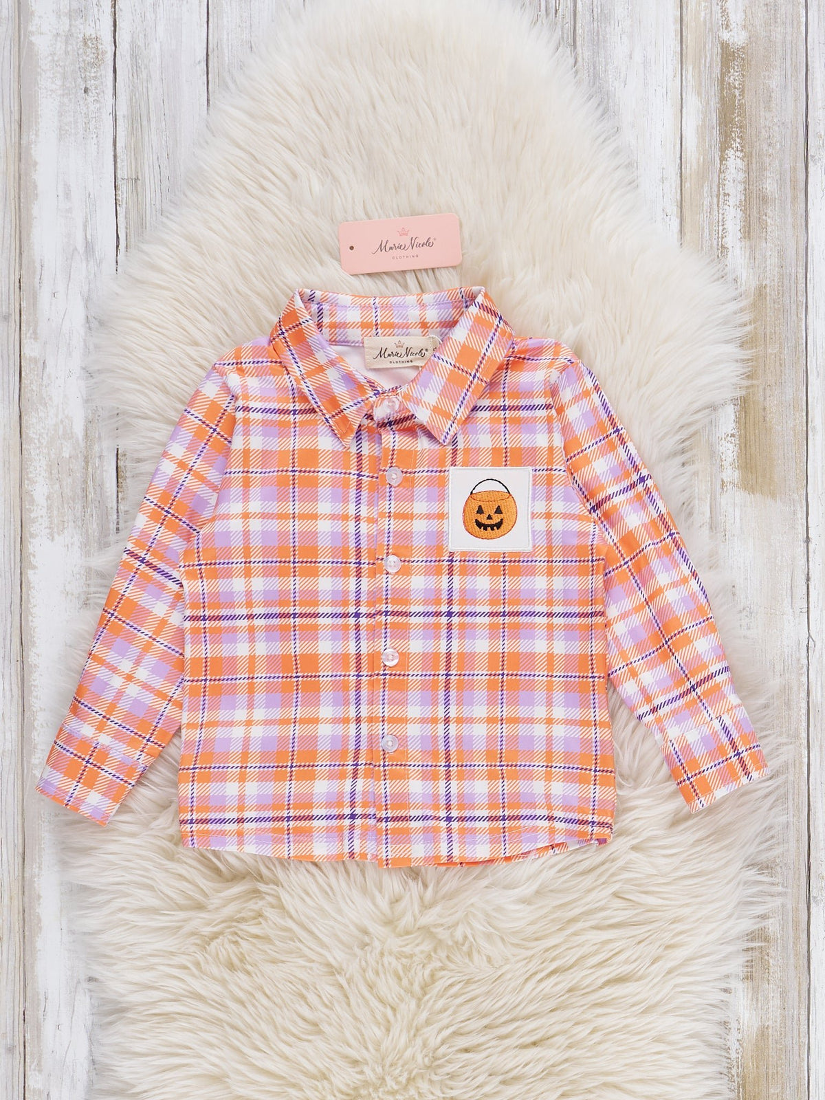 Jack-o'-Lantern Basket Embroidered Plaid Top - Marie Nicole Clothing