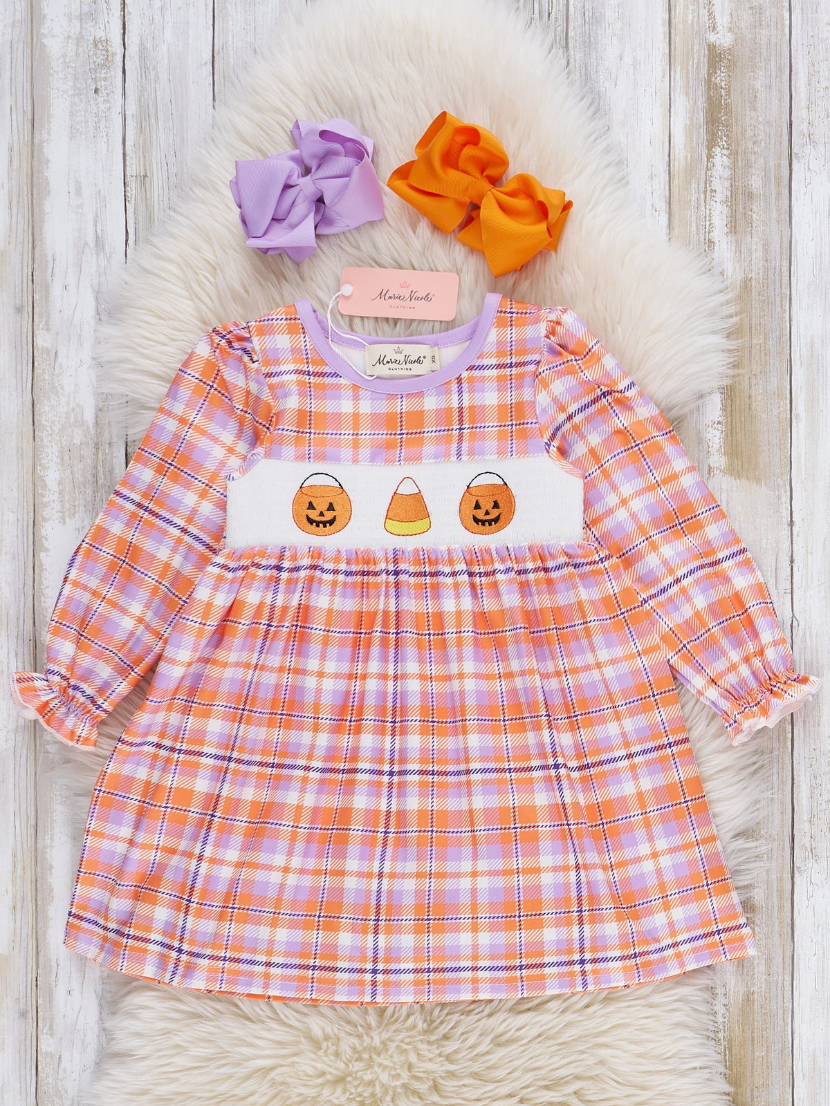 Jack-o'-Lantern Basket Smocked Plaid Dress - Marie Nicole Clothing