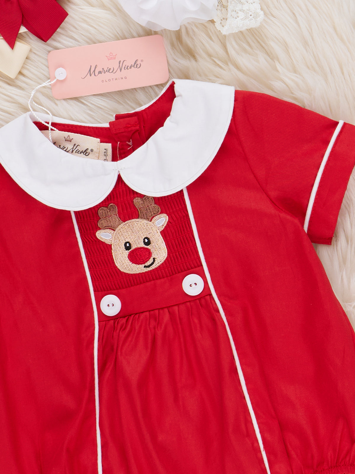 Reindeer Visit Embroidered Poplin Bubble Romper - Marie Nicole Clothing