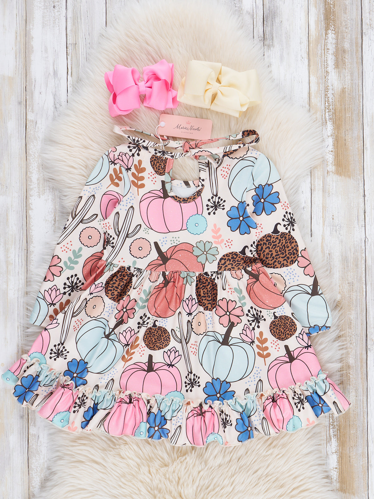 Desert Blooms Pink & Teal Pumpkin Ruffle Dress - Marie Nicole Clothing