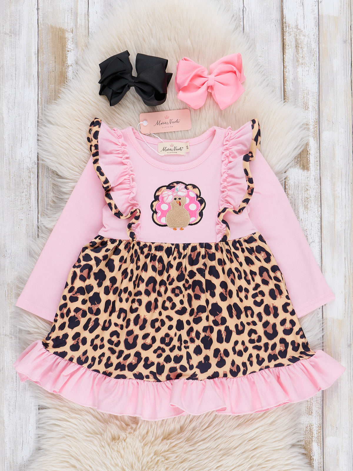 Pink Leopard Turkey Ruffle Dress - Marie Nicole Clothing