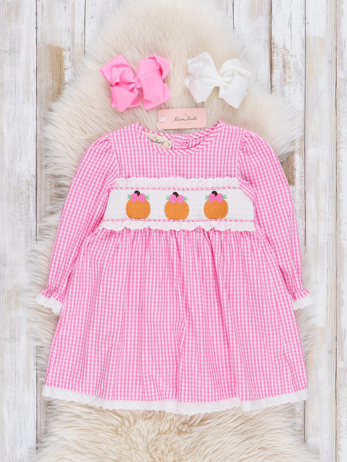 Pink Gingham Smocked Pumpkin Ruffle Dress - Marie Nicole Clothing