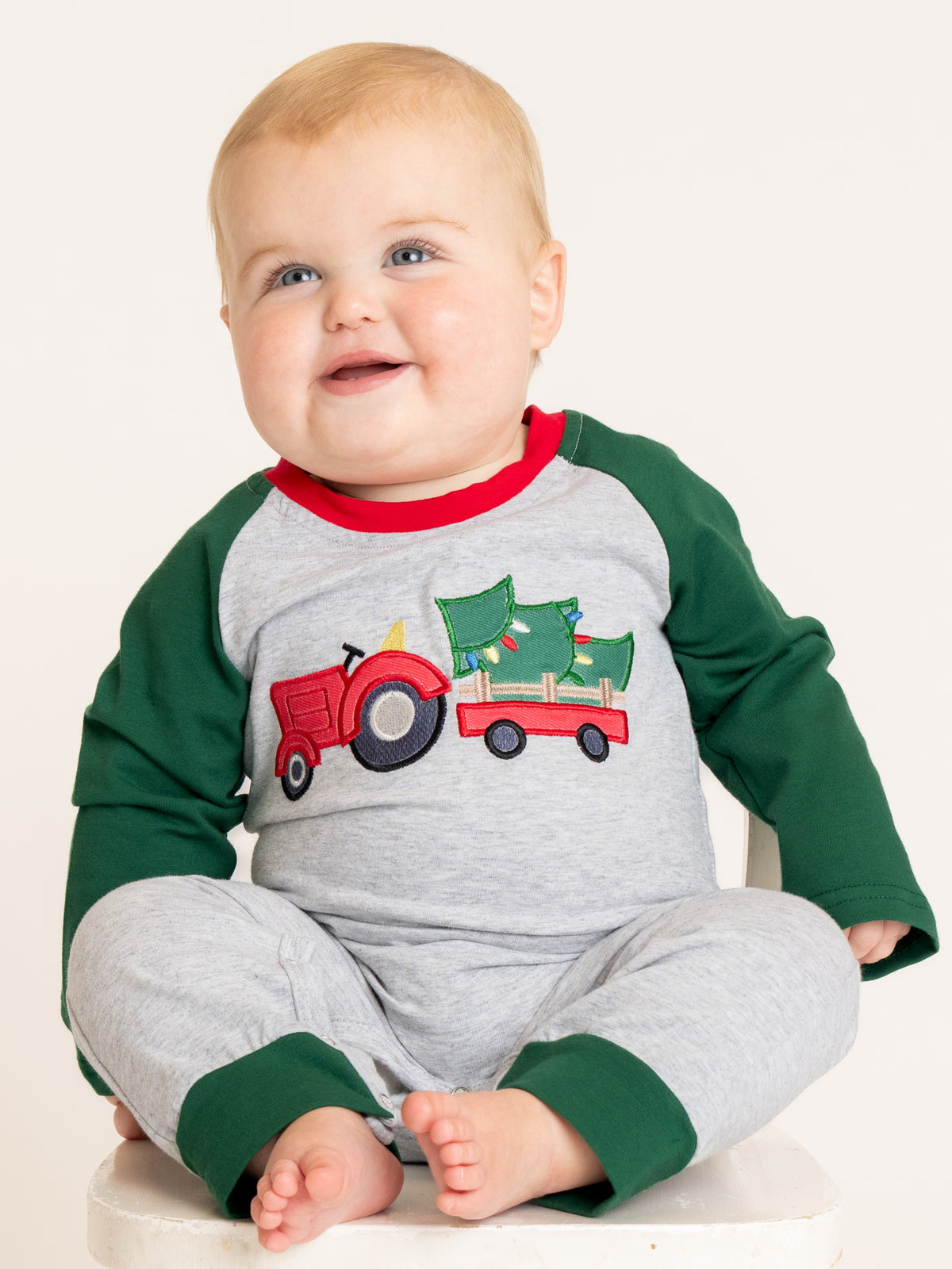 Christmas Tree Tractor Applique Raglan Romper - Marie Nicole Clothing