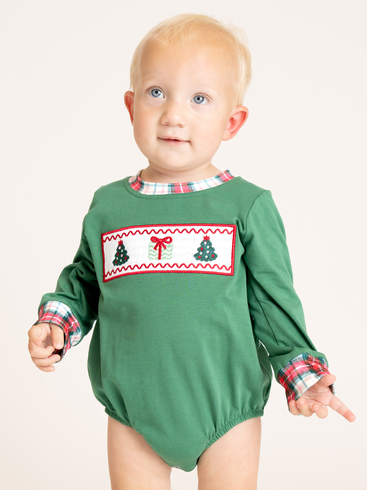 Wooderland Wishes Christmas Tree Smocked Plaid Romper - Marie Nicole Clothing