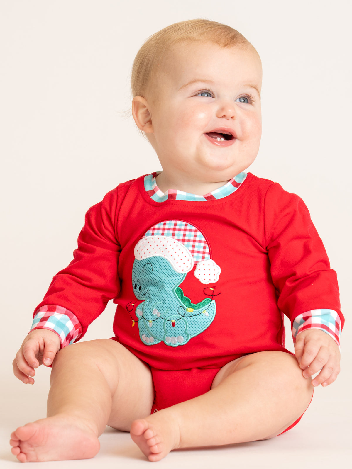 Dino Applique Cheer Christmas Plaid Romper - Marie Nicole Clothing