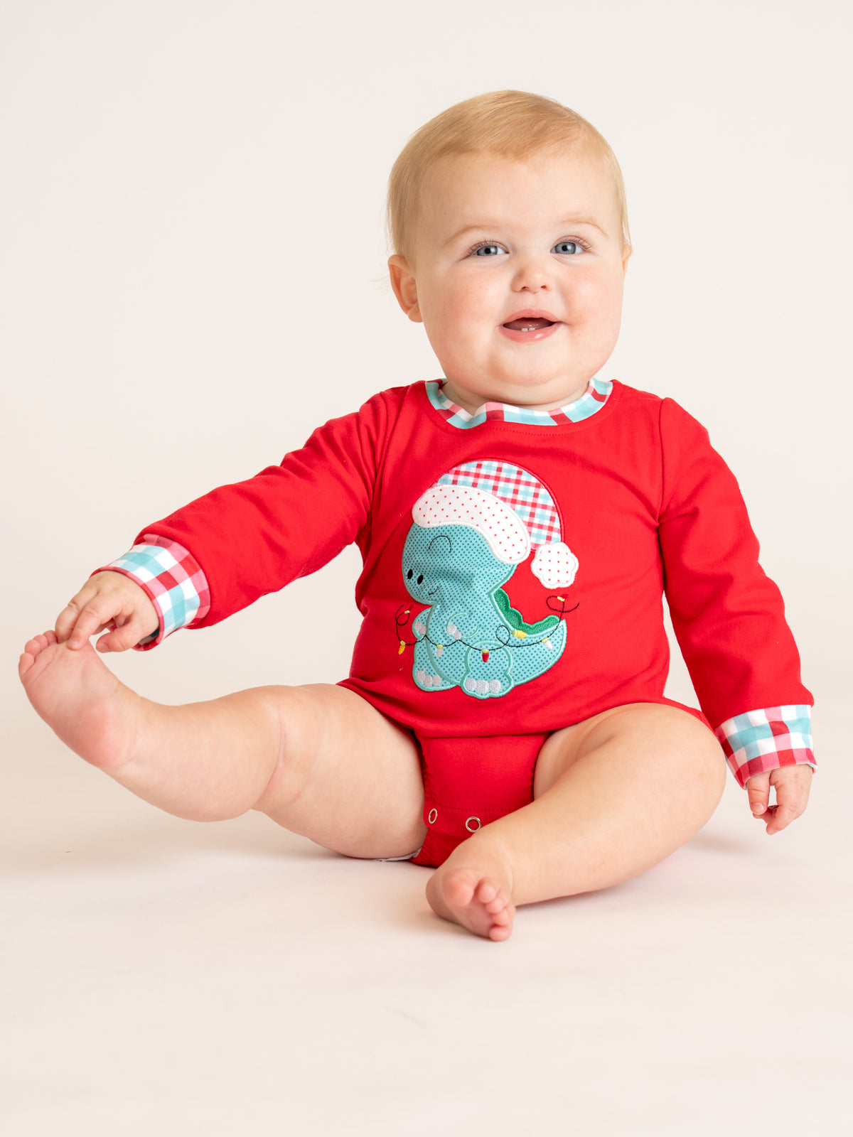 Dino Applique Cheer Christmas Plaid Romper - Marie Nicole Clothing
