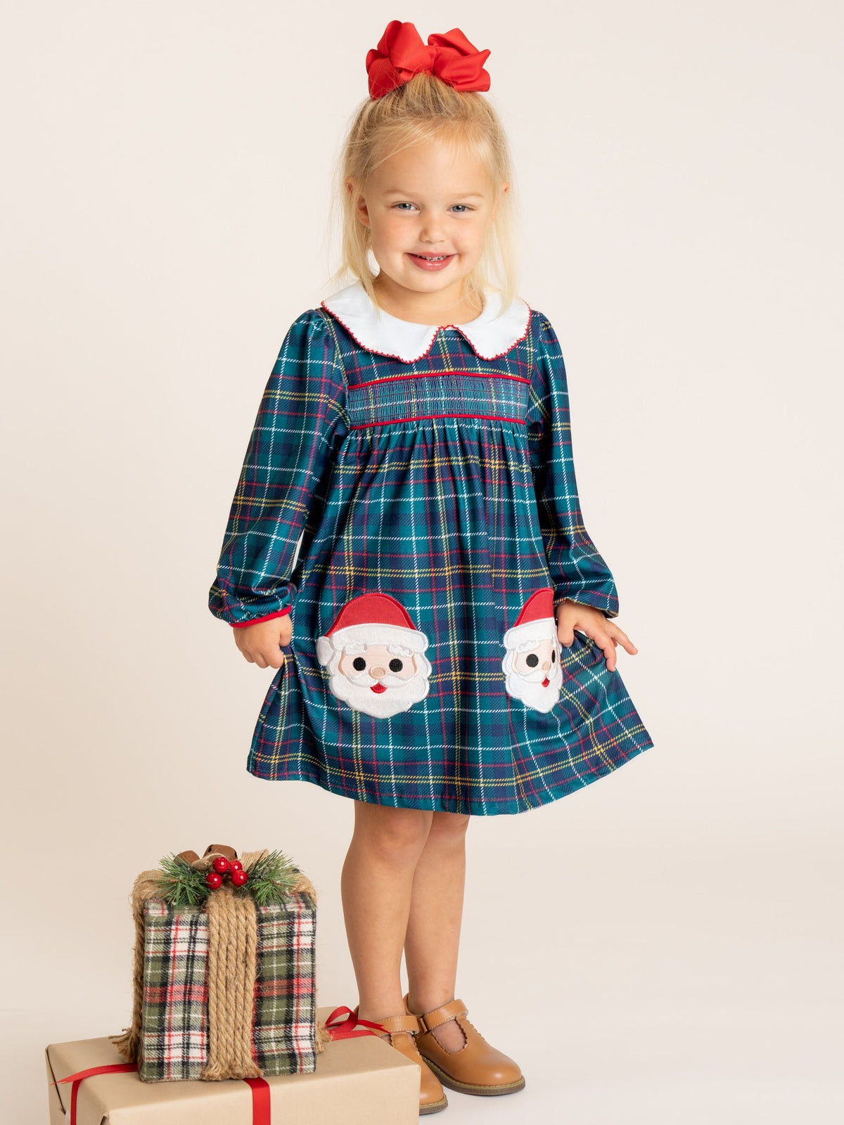 Santa Tartan Smocked Dress - Marie Nicole Clothing