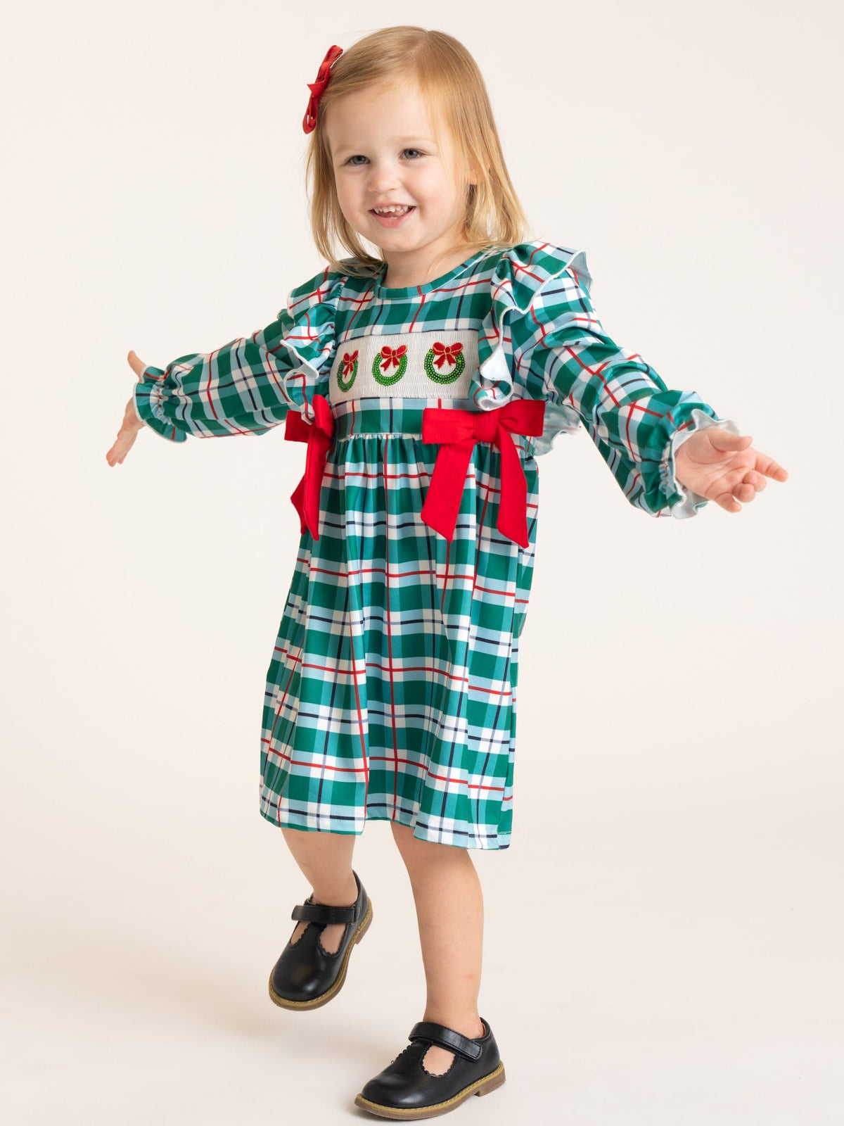 Magic Wreath Smocked Plaid Bow Dress - Marie Nicole Clothing