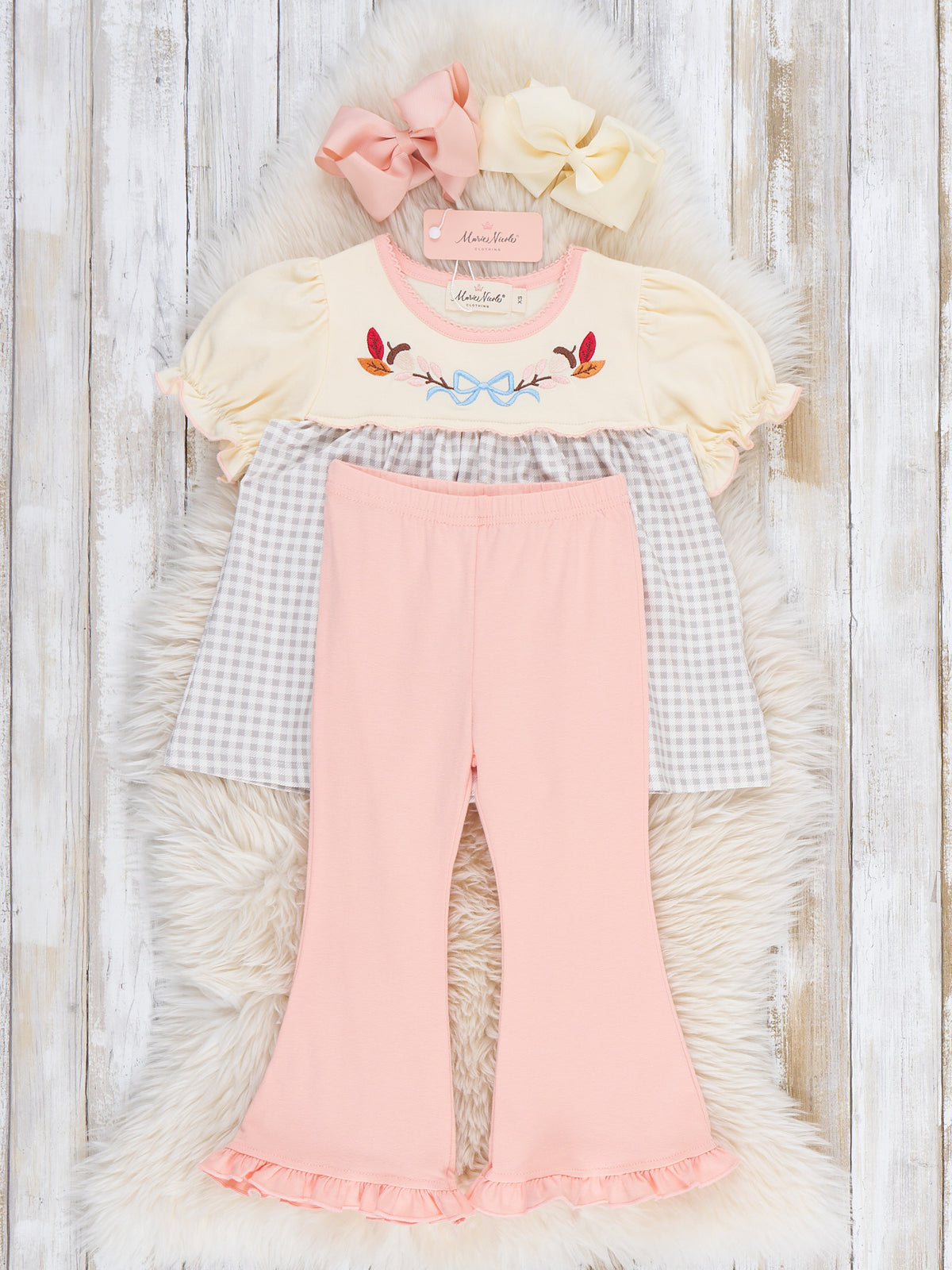 Autumn Acorns Bows Embroidered Plaid Bell-Bottom Outfit - Marie Nicole Clothing