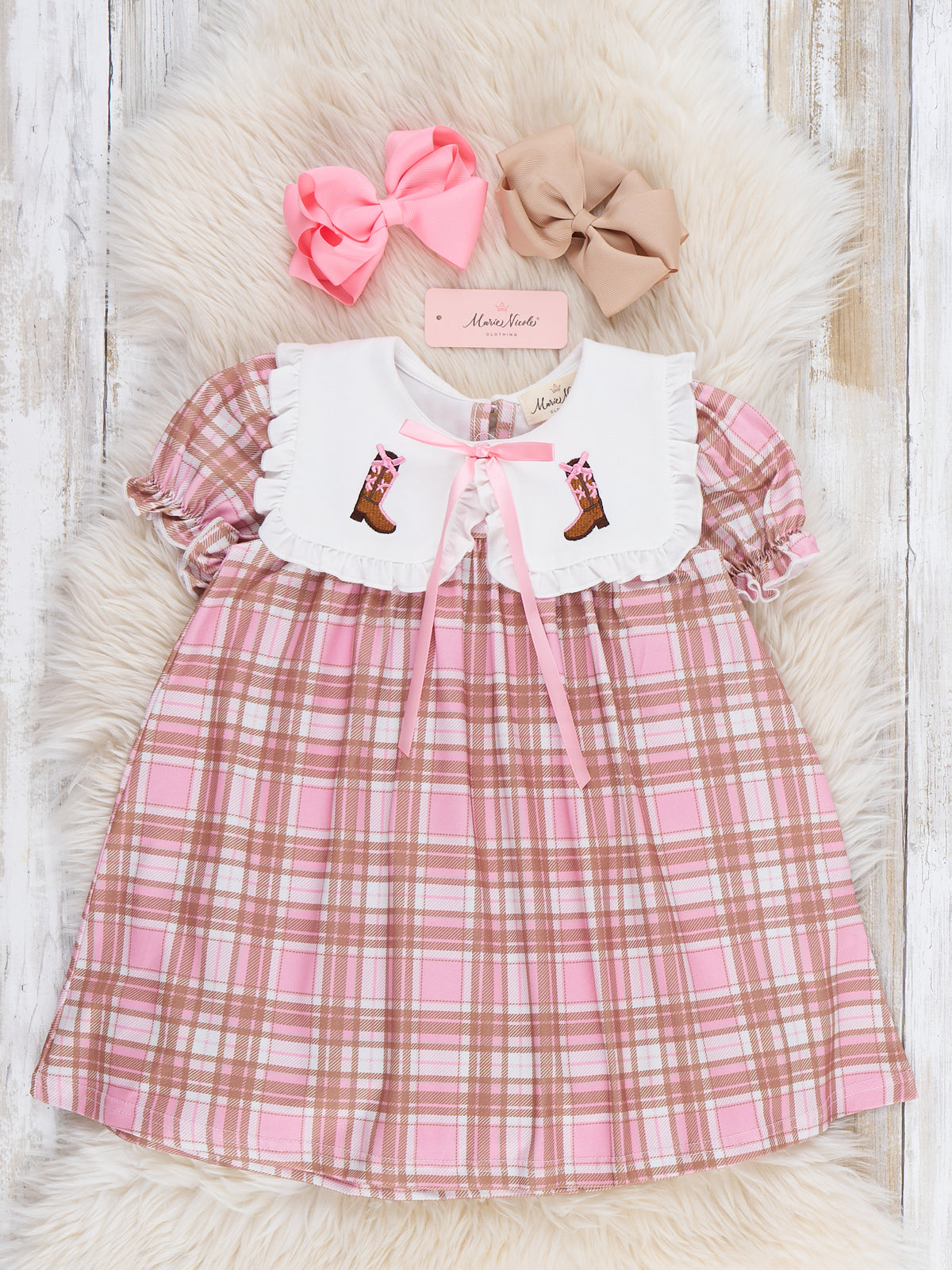 Cowgirl Cutie Boots Embroidered Plaid Dress - Marie Nicole Clothing