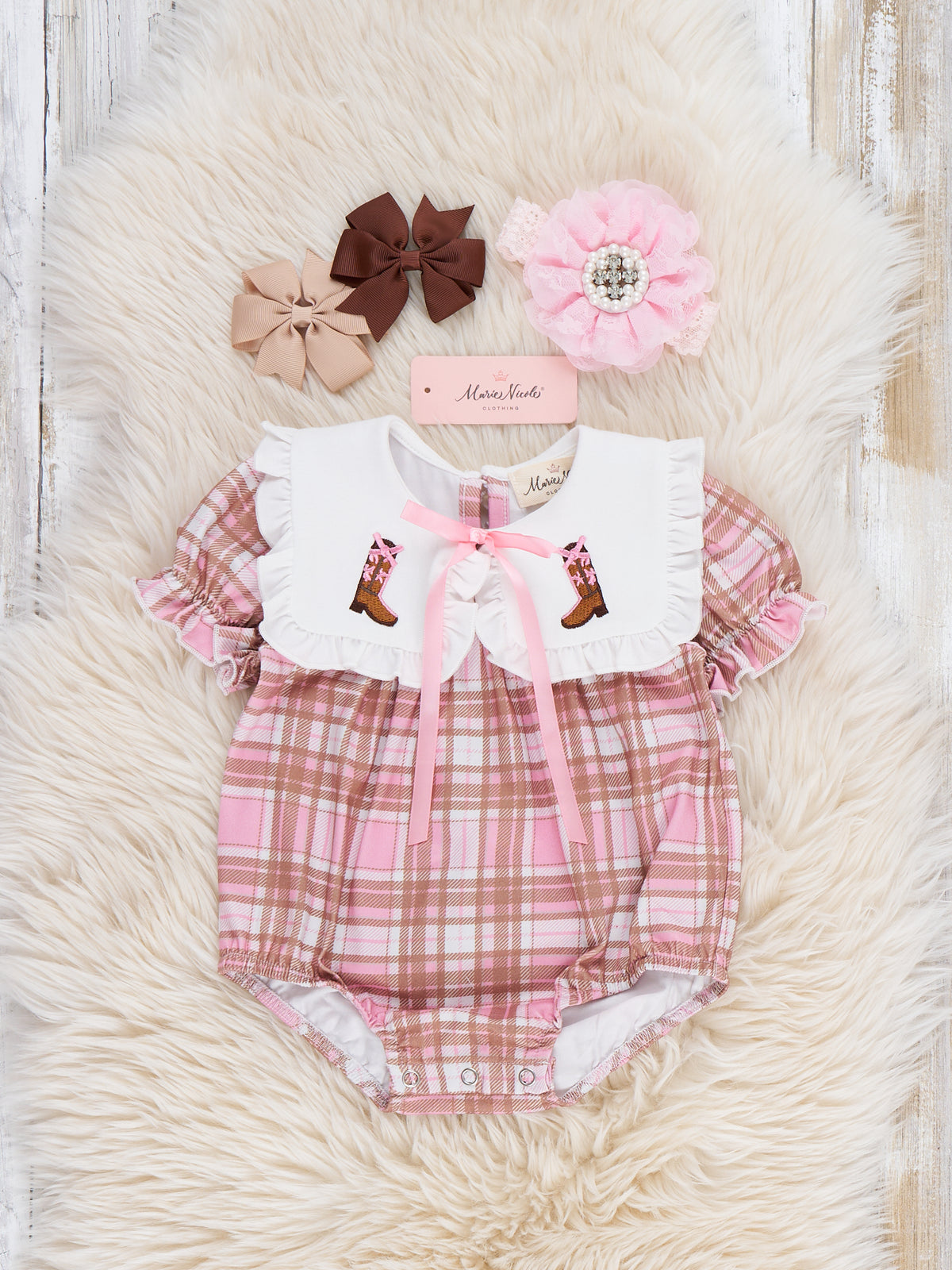 Cowgirl Cutie Boots Embroidered Plaid Romper - Marie Nicole Clothing