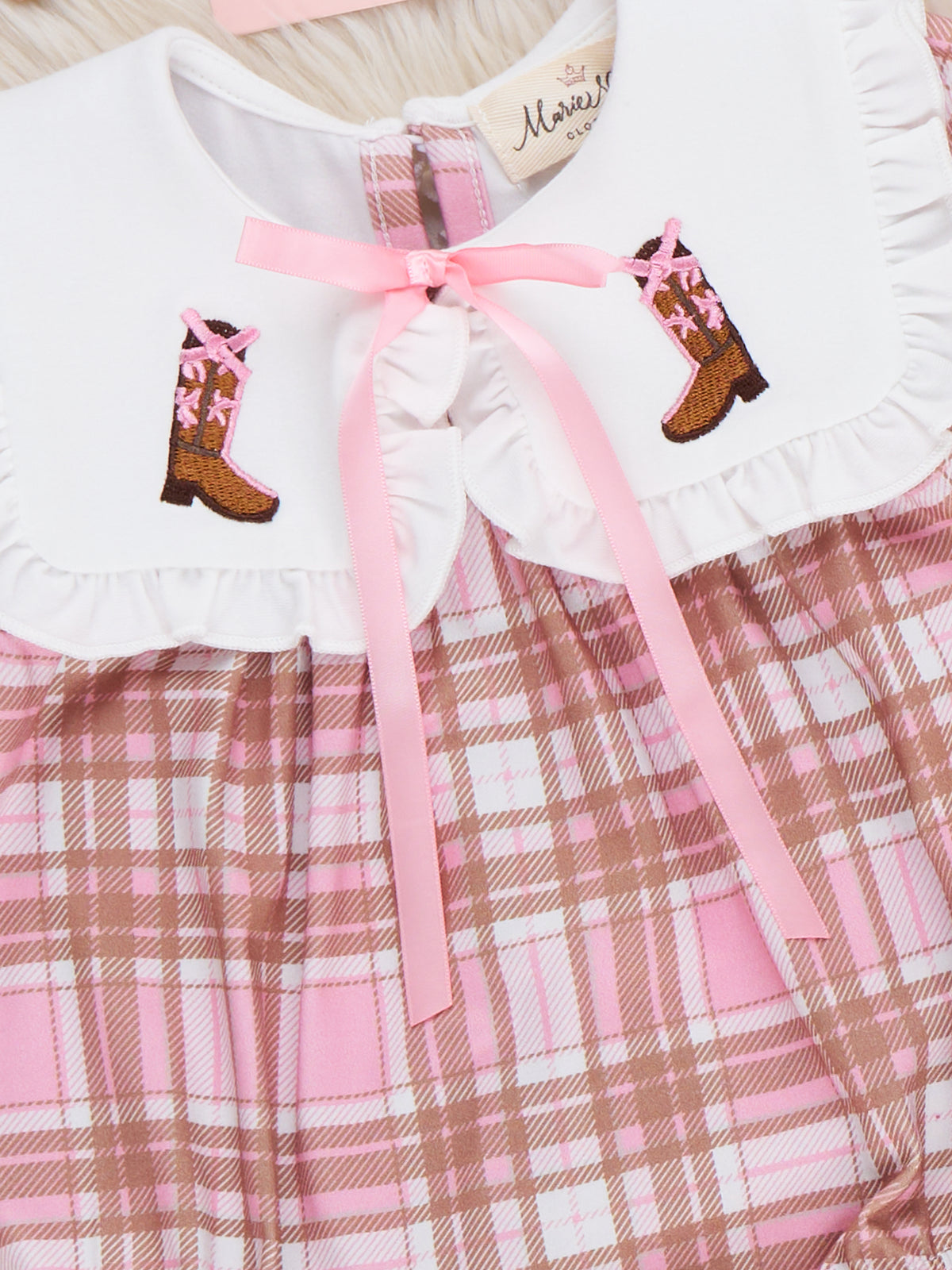 Cowgirl Cutie Boots Embroidered Plaid Romper - Marie Nicole Clothing