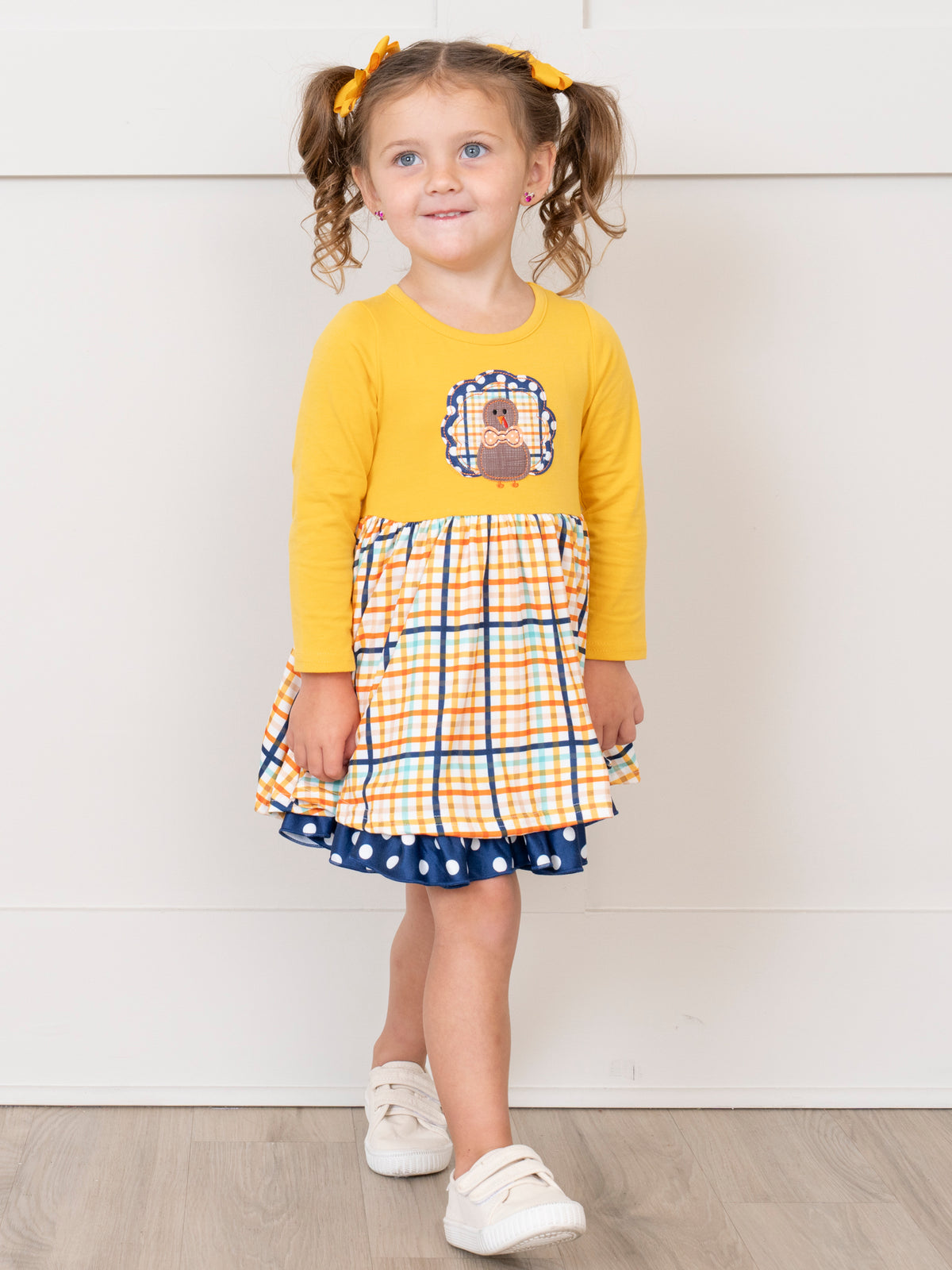 Yellow Plaid Embroidered Turkey Ruffle Dress - Marie Nicole Clothing