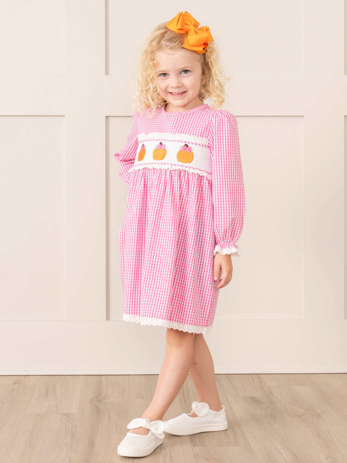 Pink Gingham Smocked Pumpkin Ruffle Dress - Marie Nicole Clothing