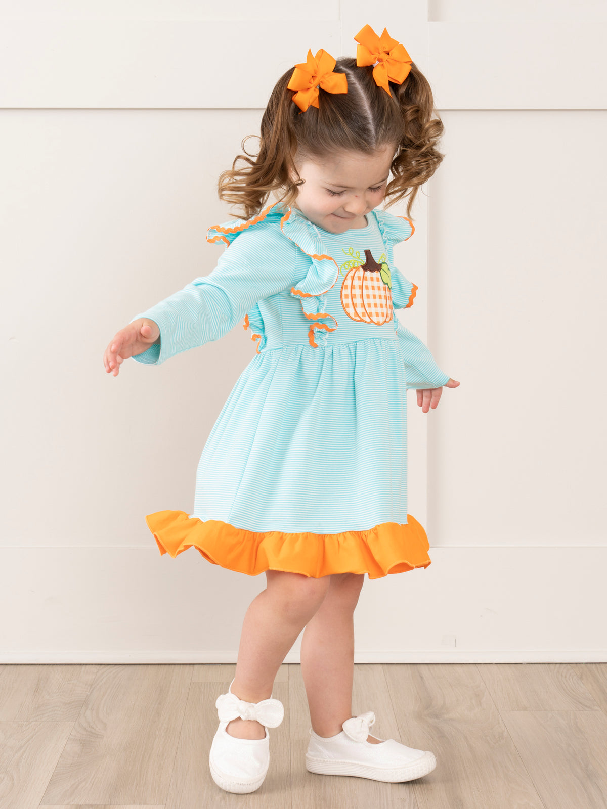 Light Blue Stripes Pumpkin Ruffle Dress - Marie Nicole Clothing