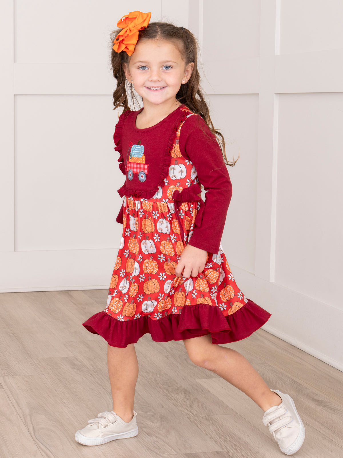 Maroon Pumpkin Wagon Embroidered Bow Dress - Marie Nicole Clothing
