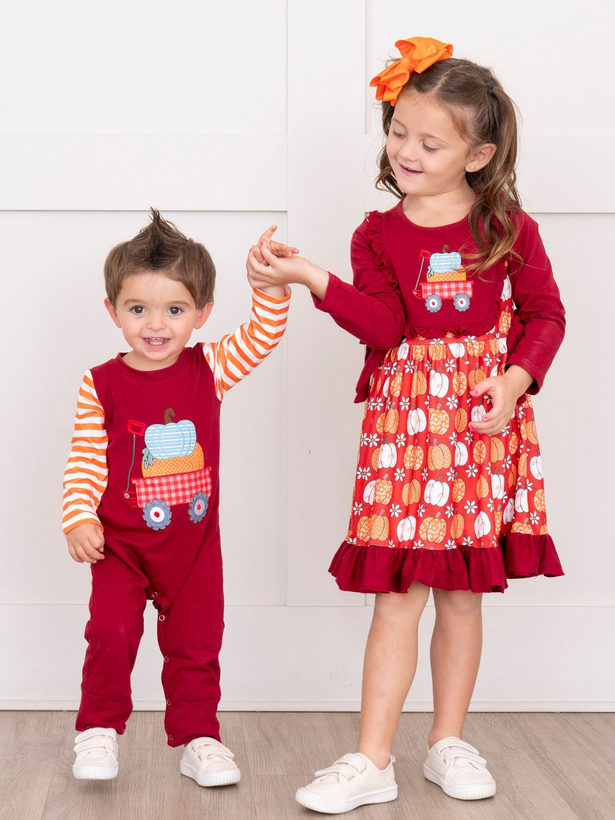 Maroon Pumpkin Wagon Embroidered Bow Dress - Marie Nicole Clothing