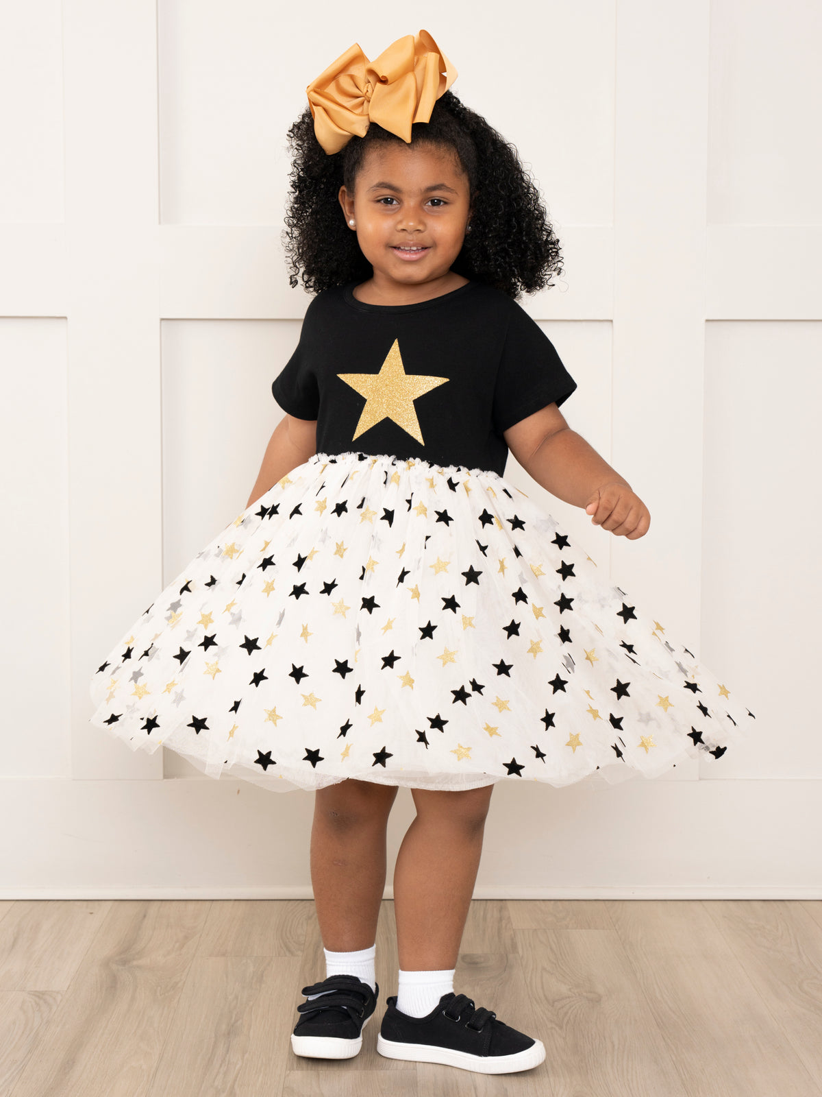 Black & Gold Glitter Stars Tulle Dress - Marie Nicole Clothing