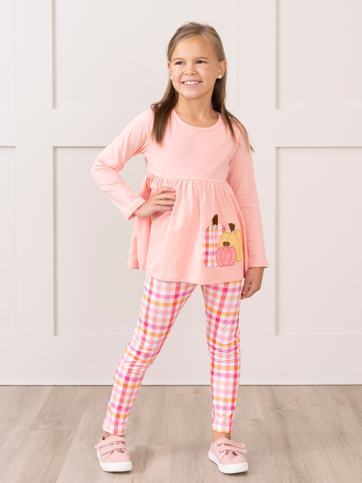 Salmon Pumpkin Plaid Swing Outfit - Marie Nicole Clothing