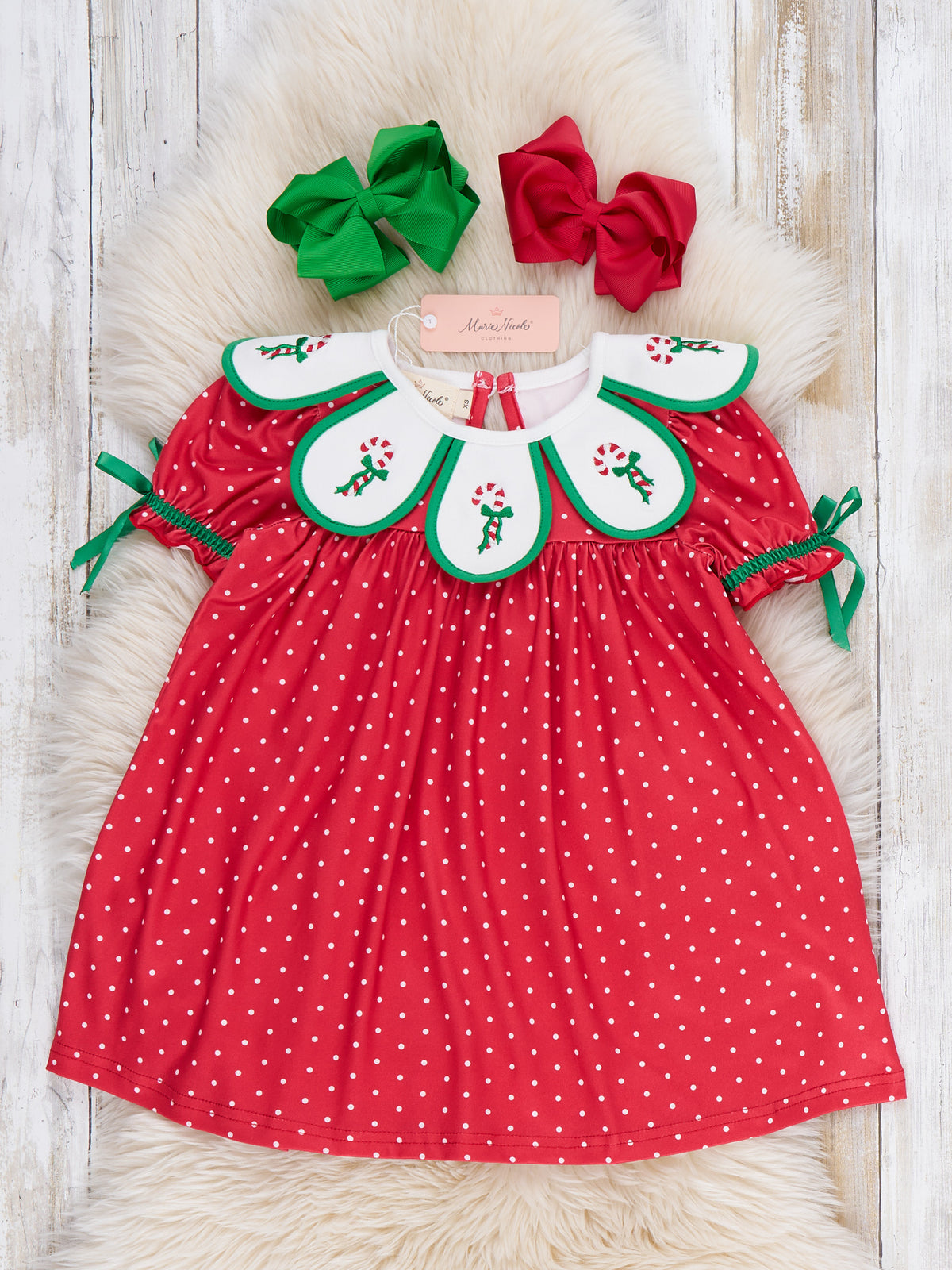 Candy Cane Embroidered Scalloped Collar Bow Dress - Marie Nicole Clothing