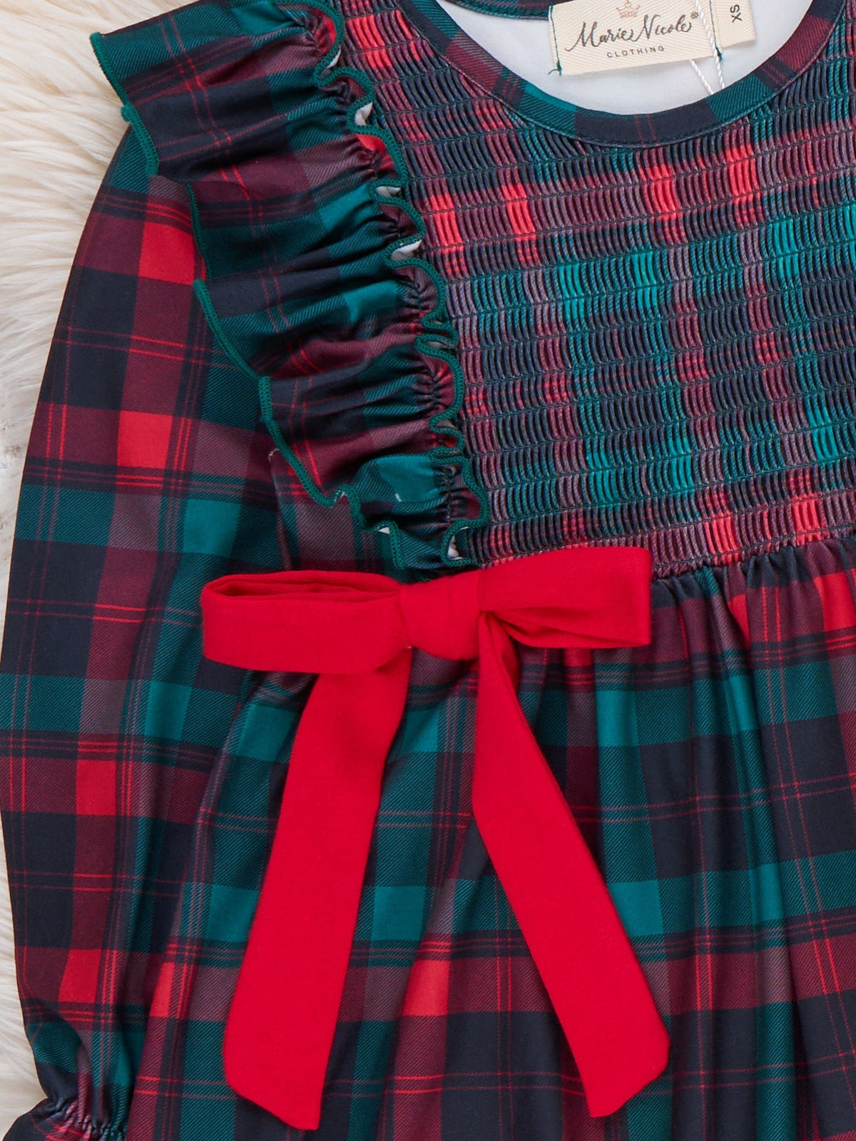Evergreen Tartan Plaid Smocked Bow Ruffle Dress - Marie Nicole Clothing