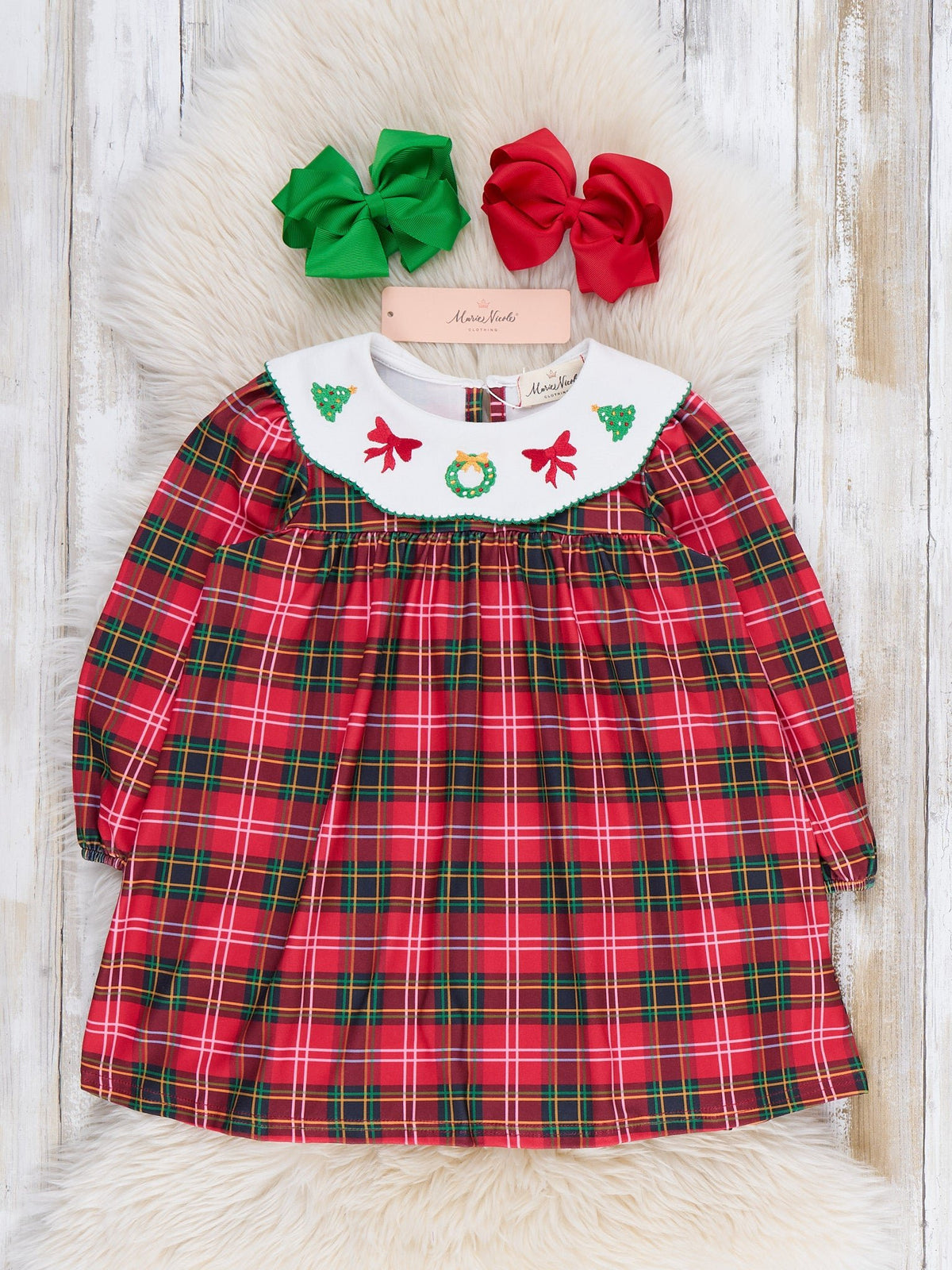 Carol Wreath Embroidered Plaid Dress - Marie Nicole Clothing
