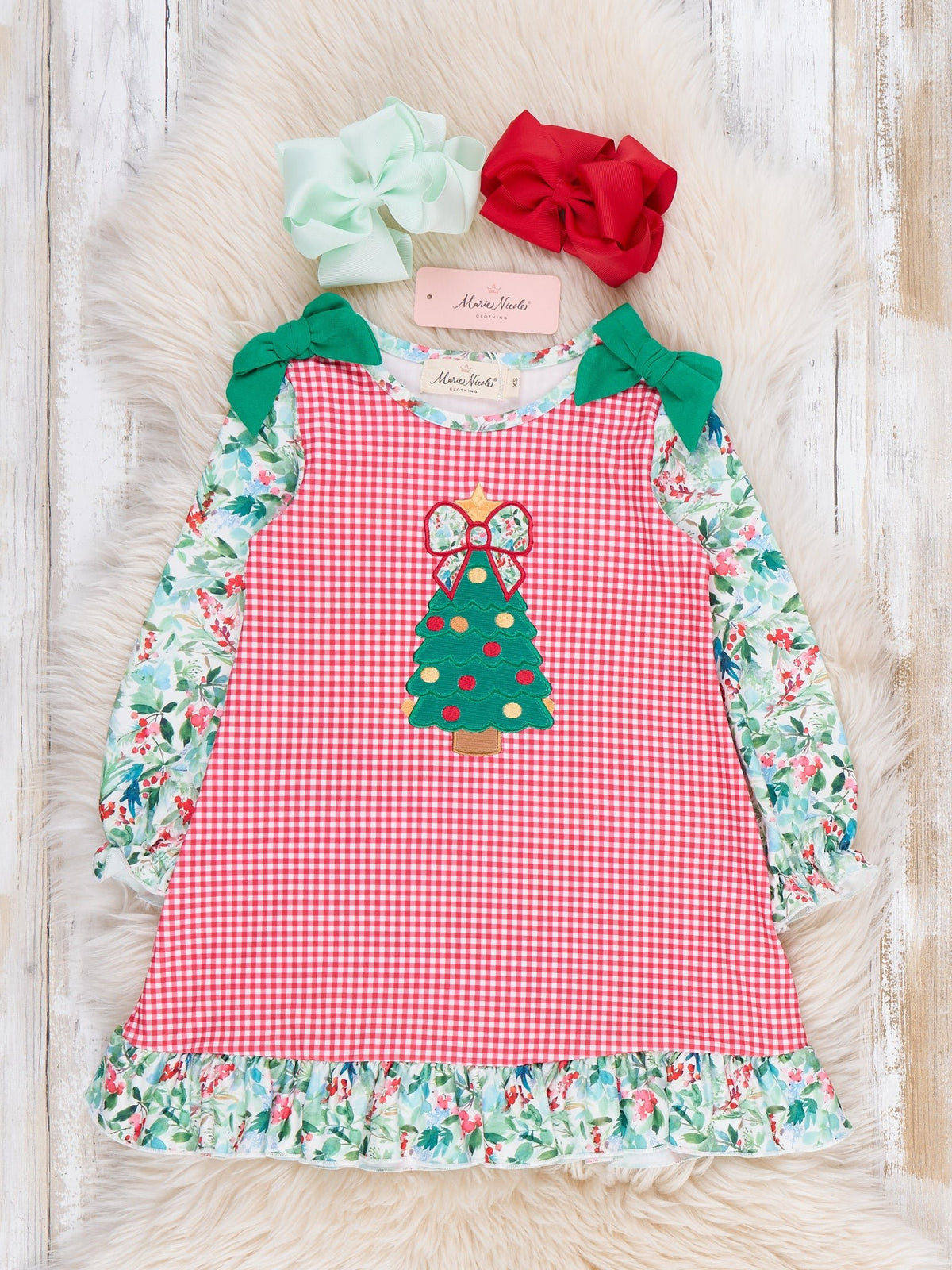 Gingham Christmas Tree Blooms Embroidered Dress - Marie Nicole Clothing