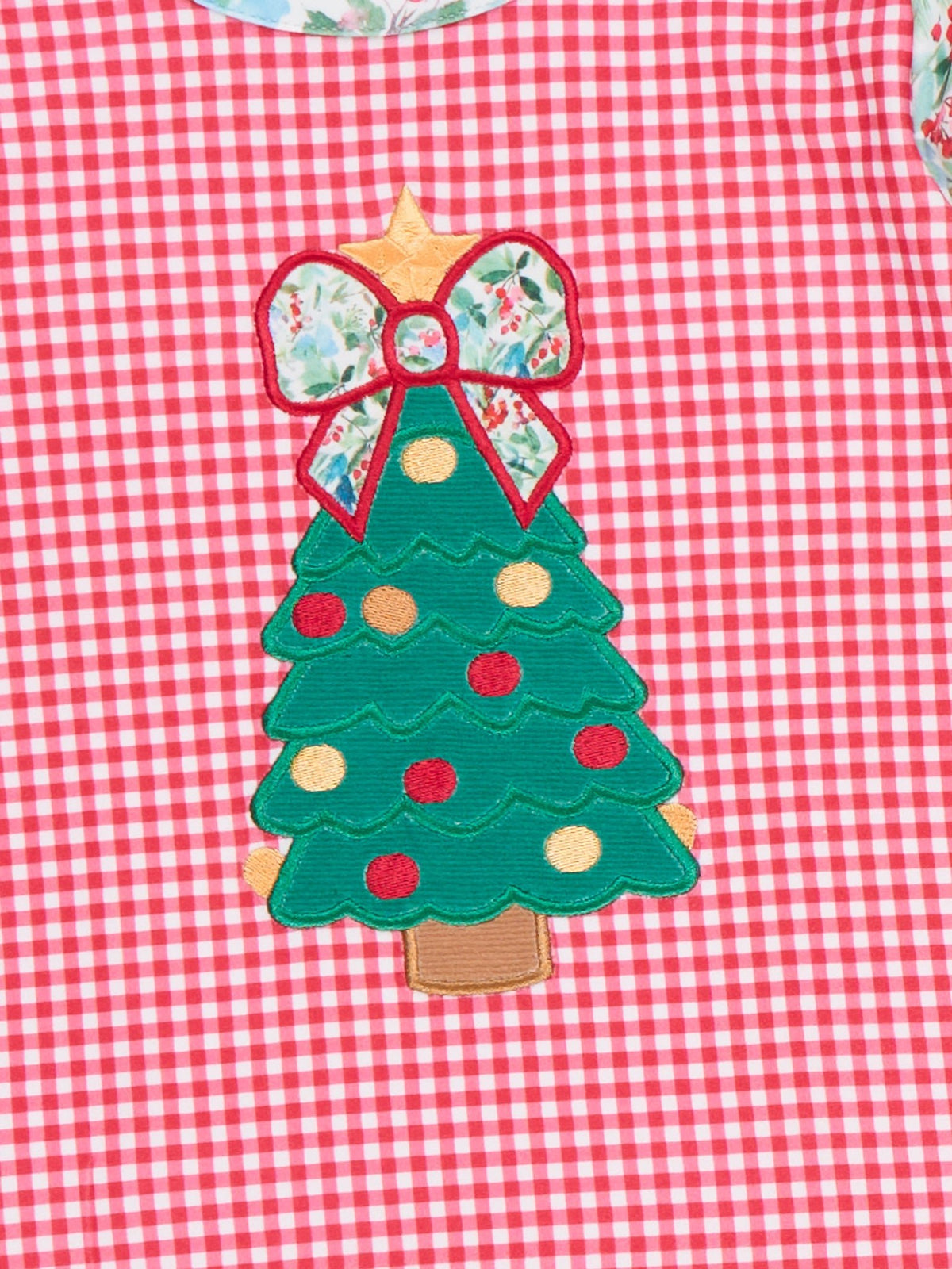 Gingham Christmas Tree Blooms Embroidered Dress - Marie Nicole Clothing
