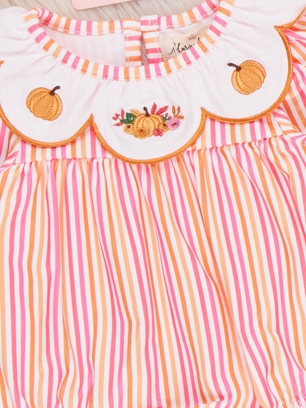 Autumn Stripe Pumpkin Scalloped Collar Bubble Romper - Marie Nicole Clothing