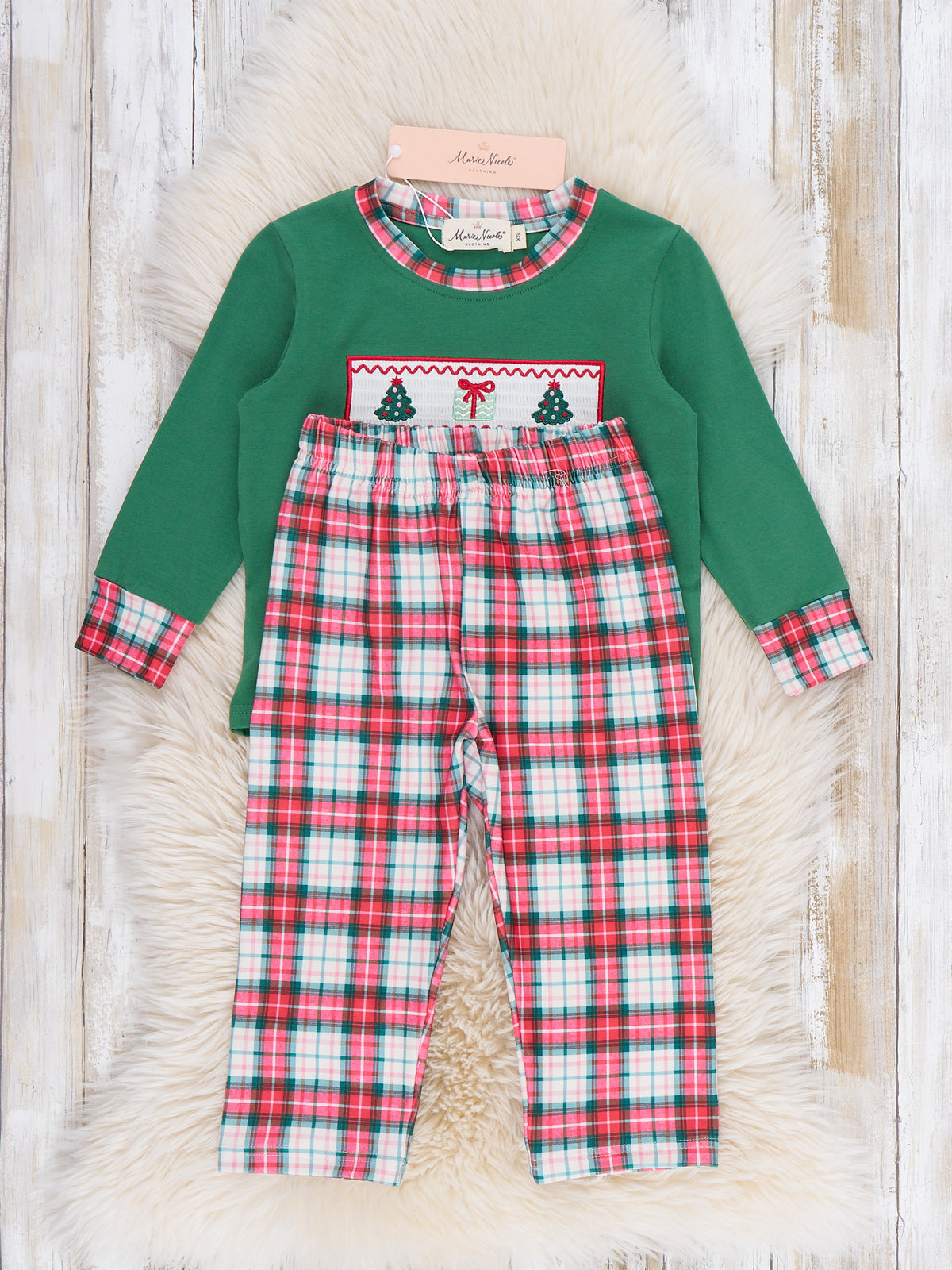 Wooderland Wishes Christmas Tree Smocked Plaid Outfit - Marie Nicole Clothing