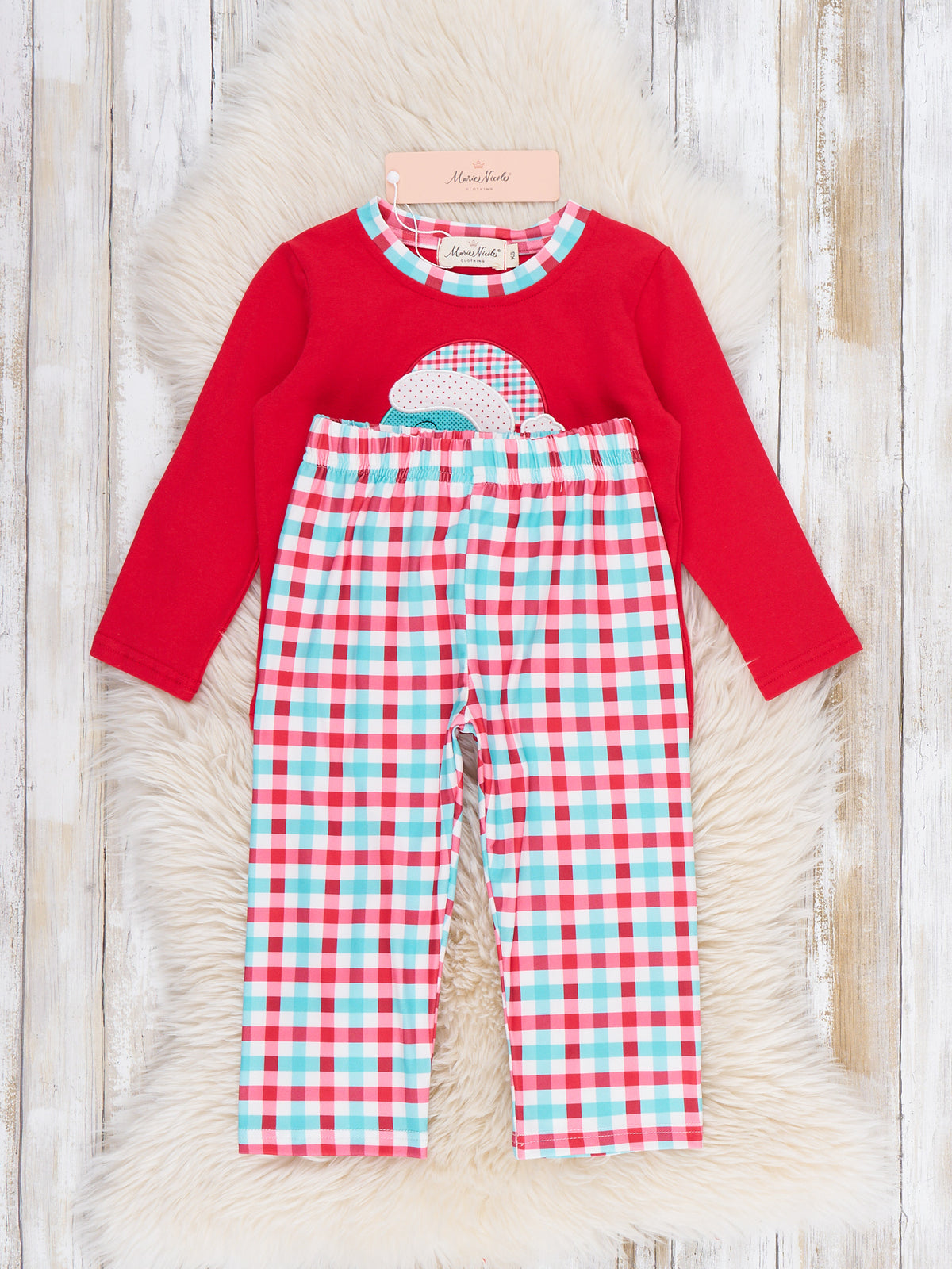 Dino Applique Cheer Christmas Plaid Outfit - Marie Nicole Clothing