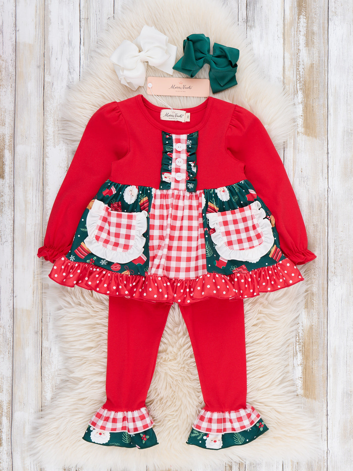Noelle Santa Plaid Pocket Ruffle Outfit - Marie Nicole Clothing