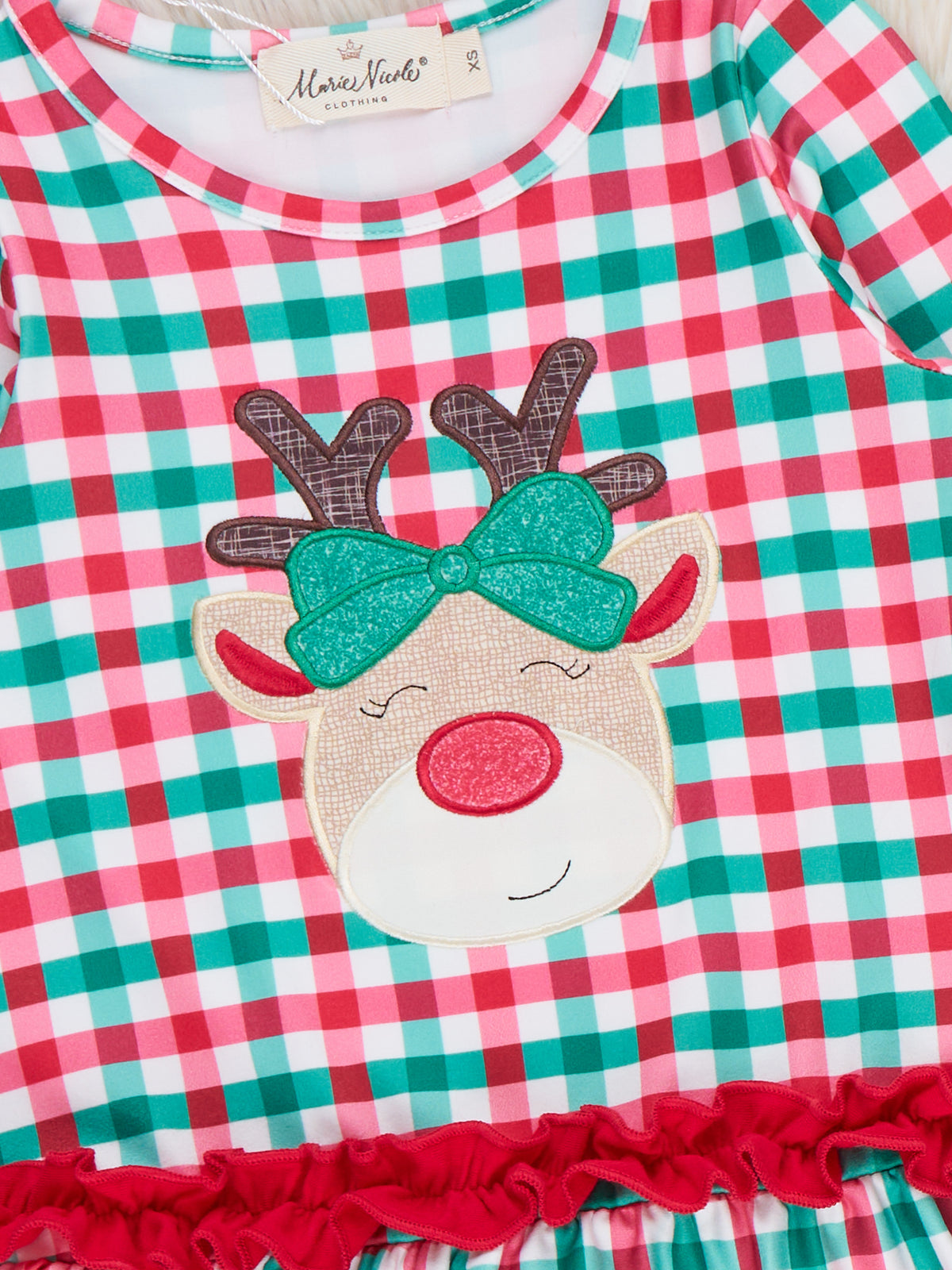 Reindeer Cheer Applique Gingham Ruffle Outfit - Marie Nicole Clothing