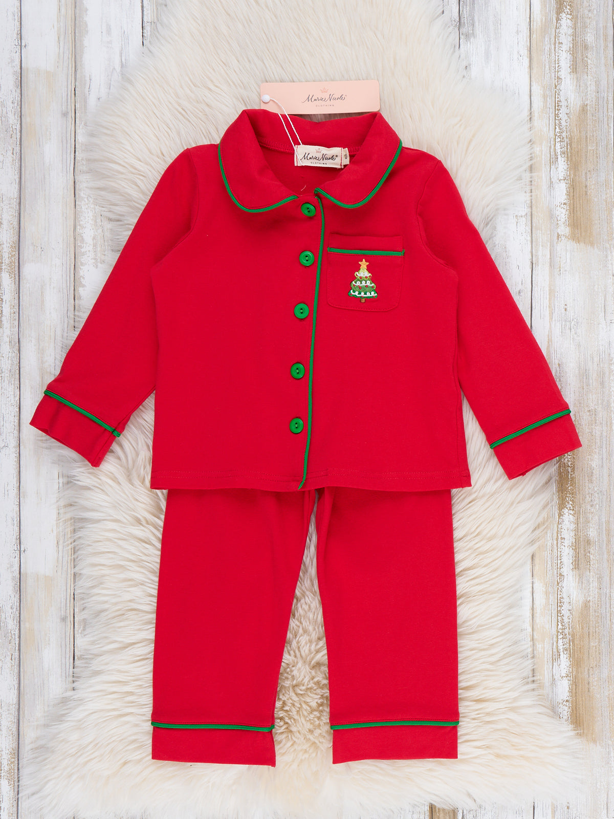 Christmas Tree Embroidered Button-Up Pajamas - Marie Nicole Clothing
