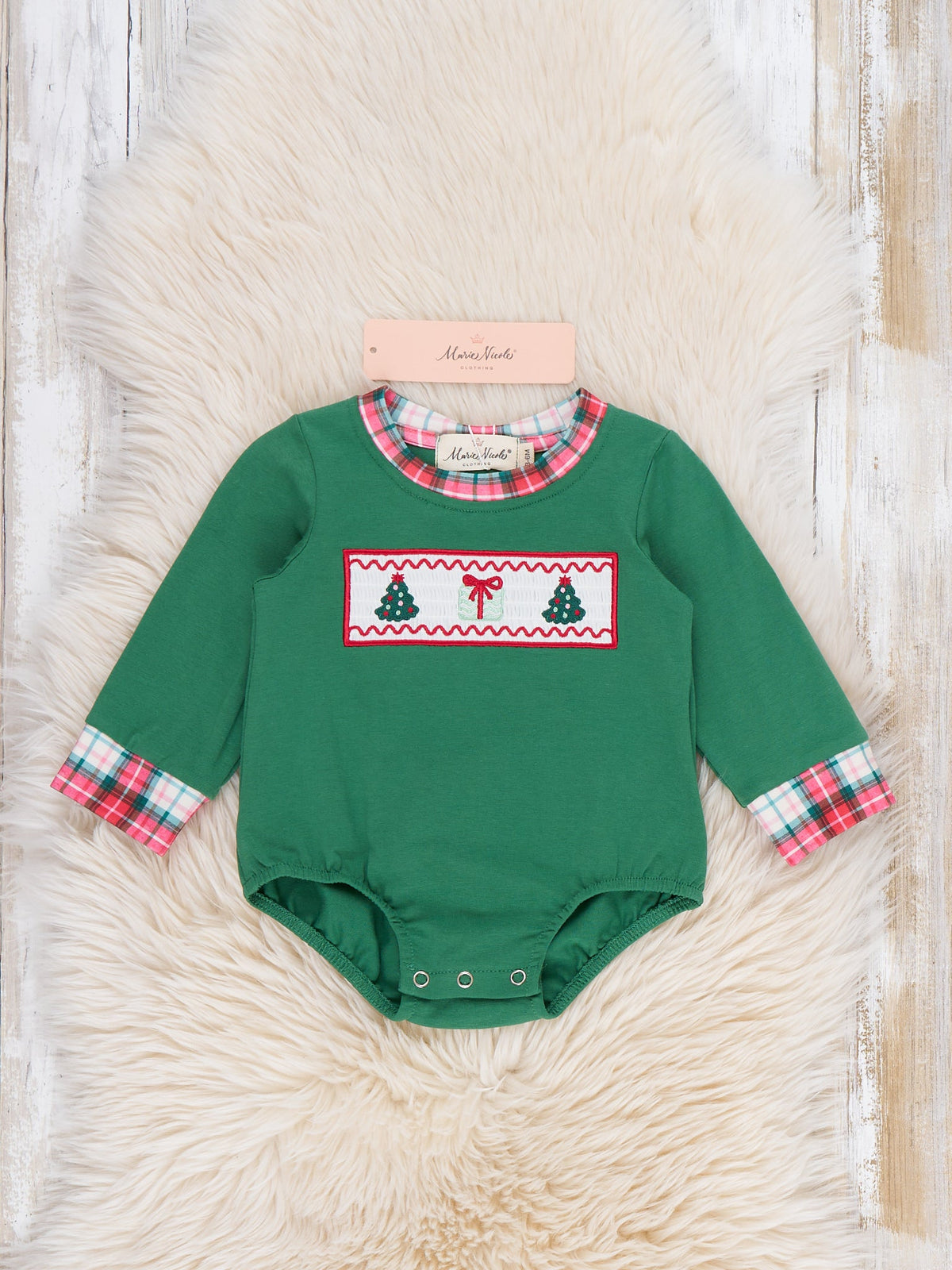 Wooderland Wishes Christmas Tree Smocked Plaid Romper - Marie Nicole Clothing