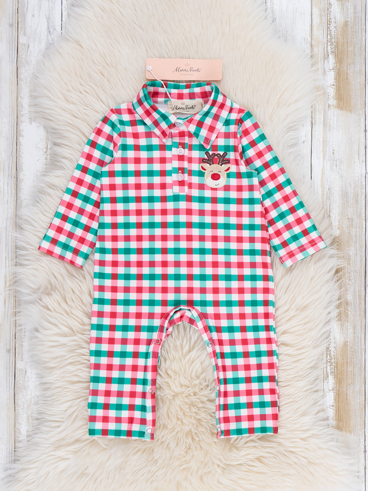 Reindeer Cheer Applique Gingham Polo Romper - Marie Nicole Clothing