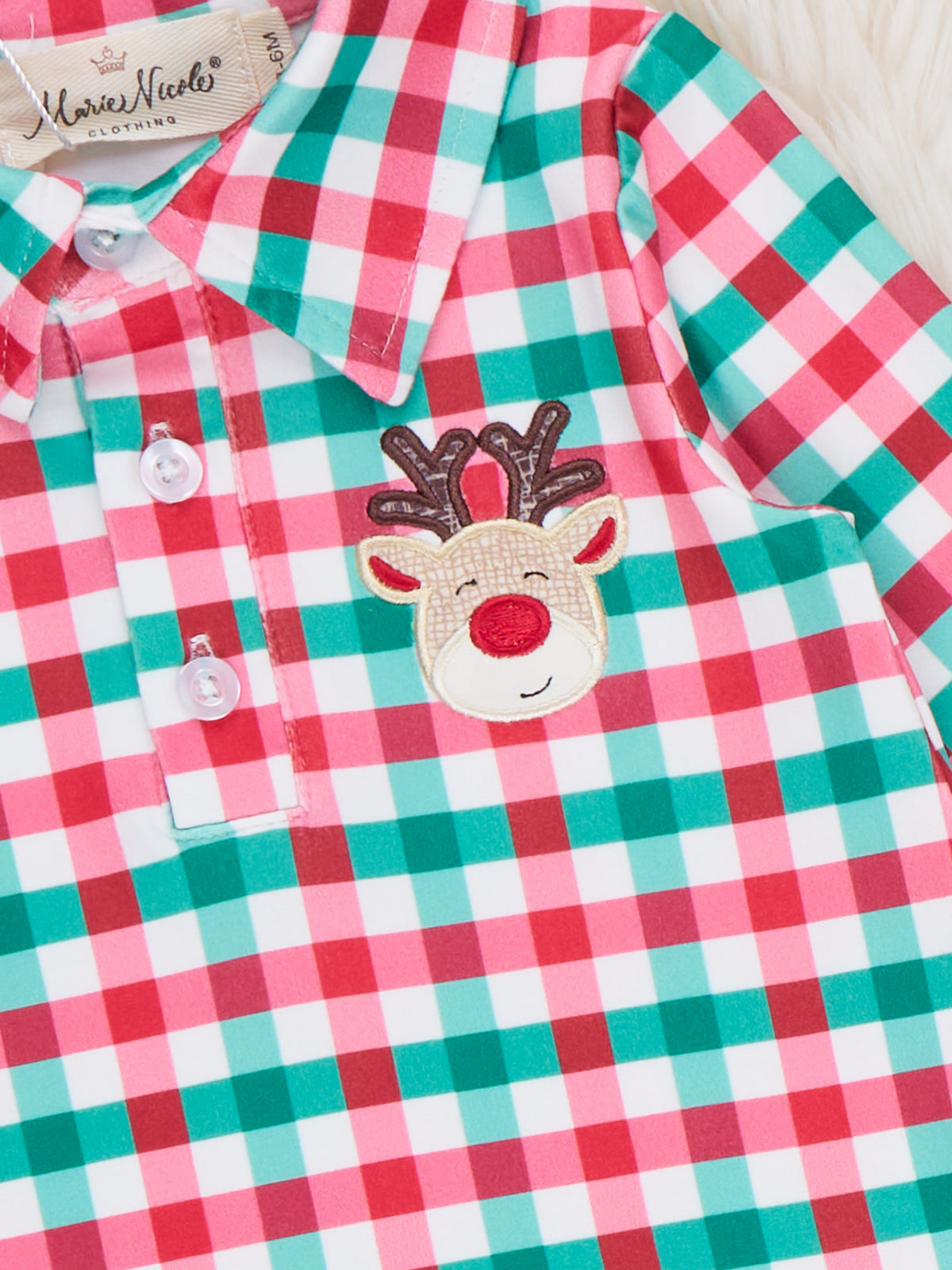 Reindeer Cheer Applique Gingham Polo Romper - Marie Nicole Clothing