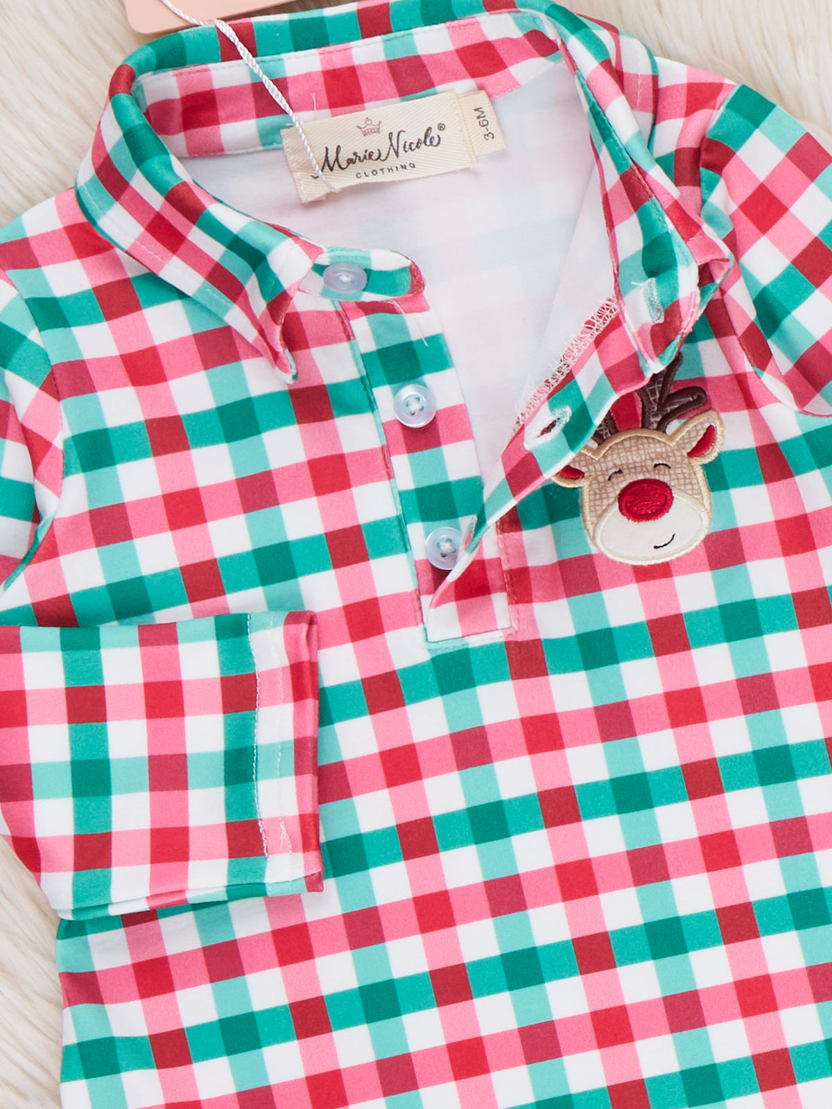 Reindeer Cheer Applique Gingham Polo Romper - Marie Nicole Clothing